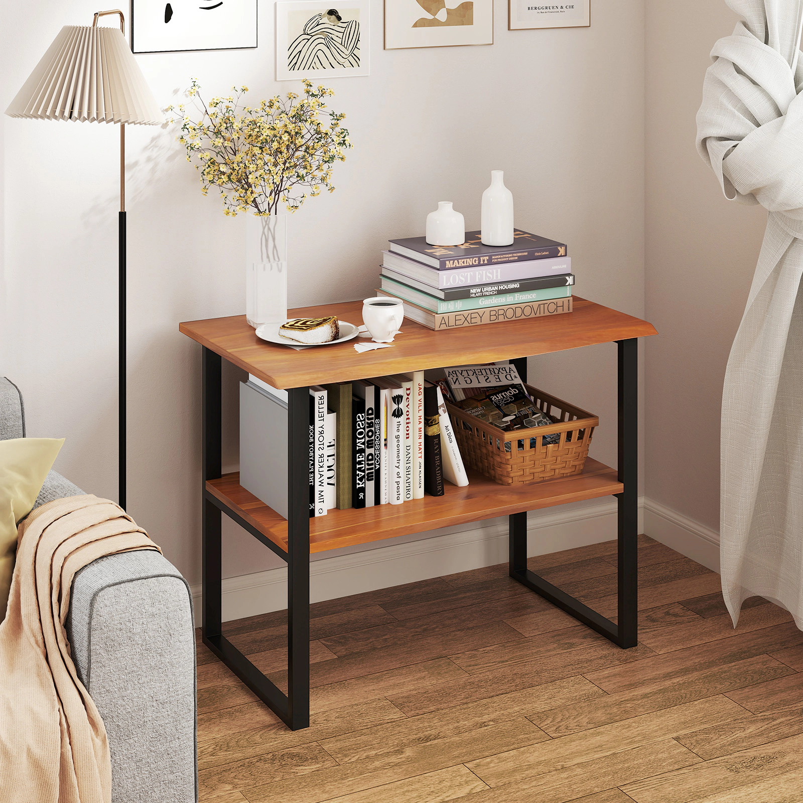 LJG 2-Tier Teak Wood End Table Sofa Side for Living Room Hallway Laundry
