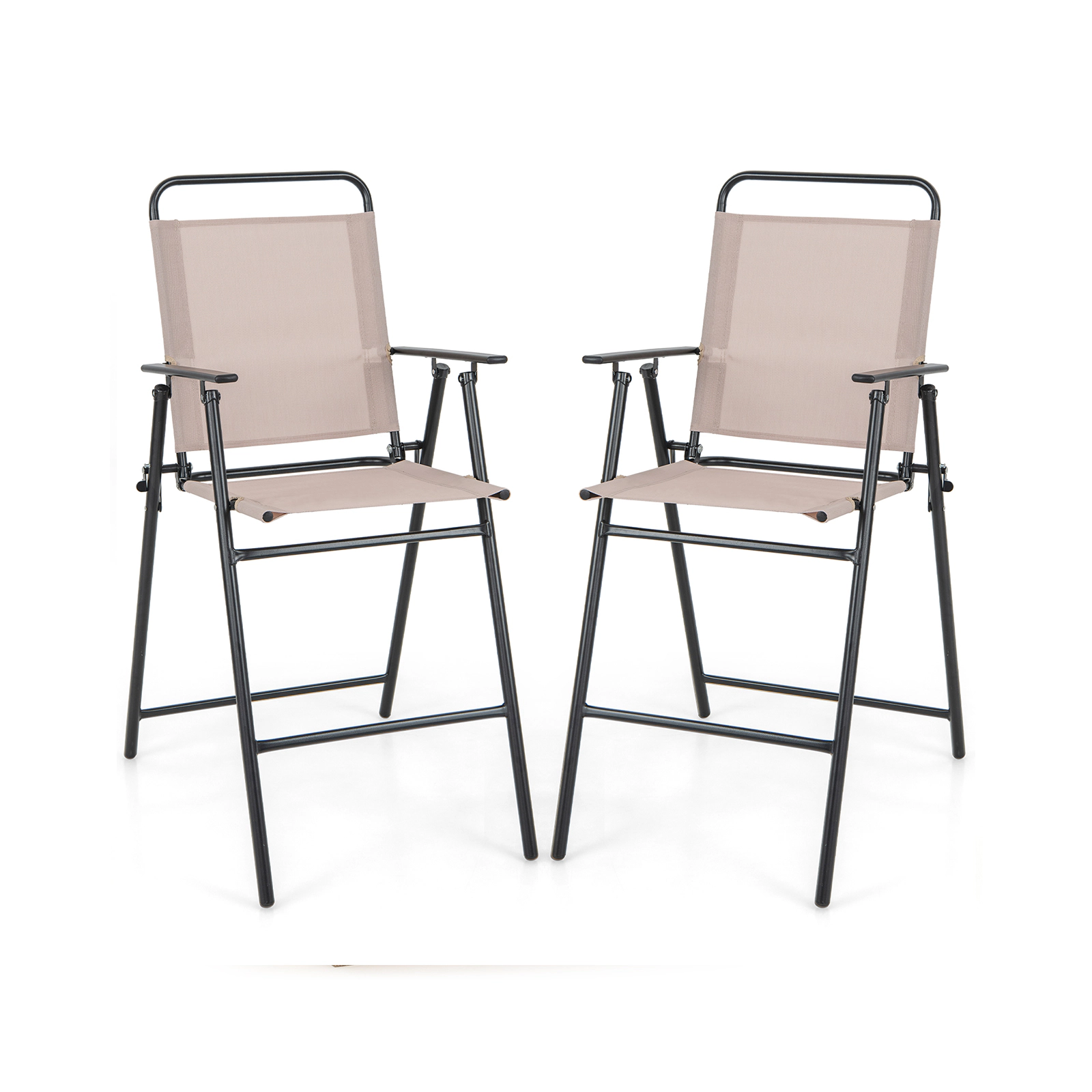 SUGIFT Set of 2 Beige Folding Bar-Height Patio Chairs, 24-Inch Seat, Mesh, Armrests and Footrests