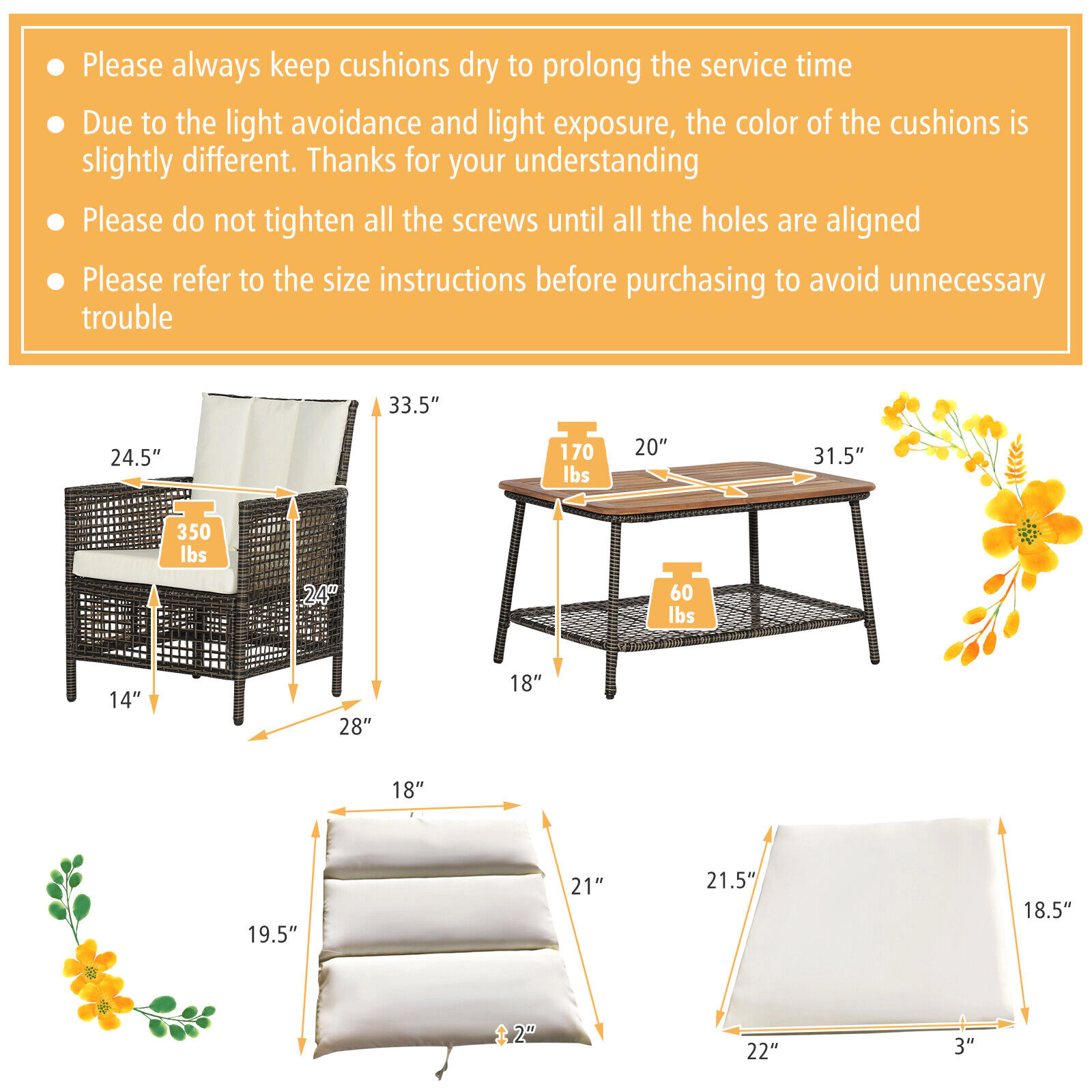 LJG 5 Pieces Patio Rattan Furniture Set Cushioned Sofa Armrest Wooden Tabletop