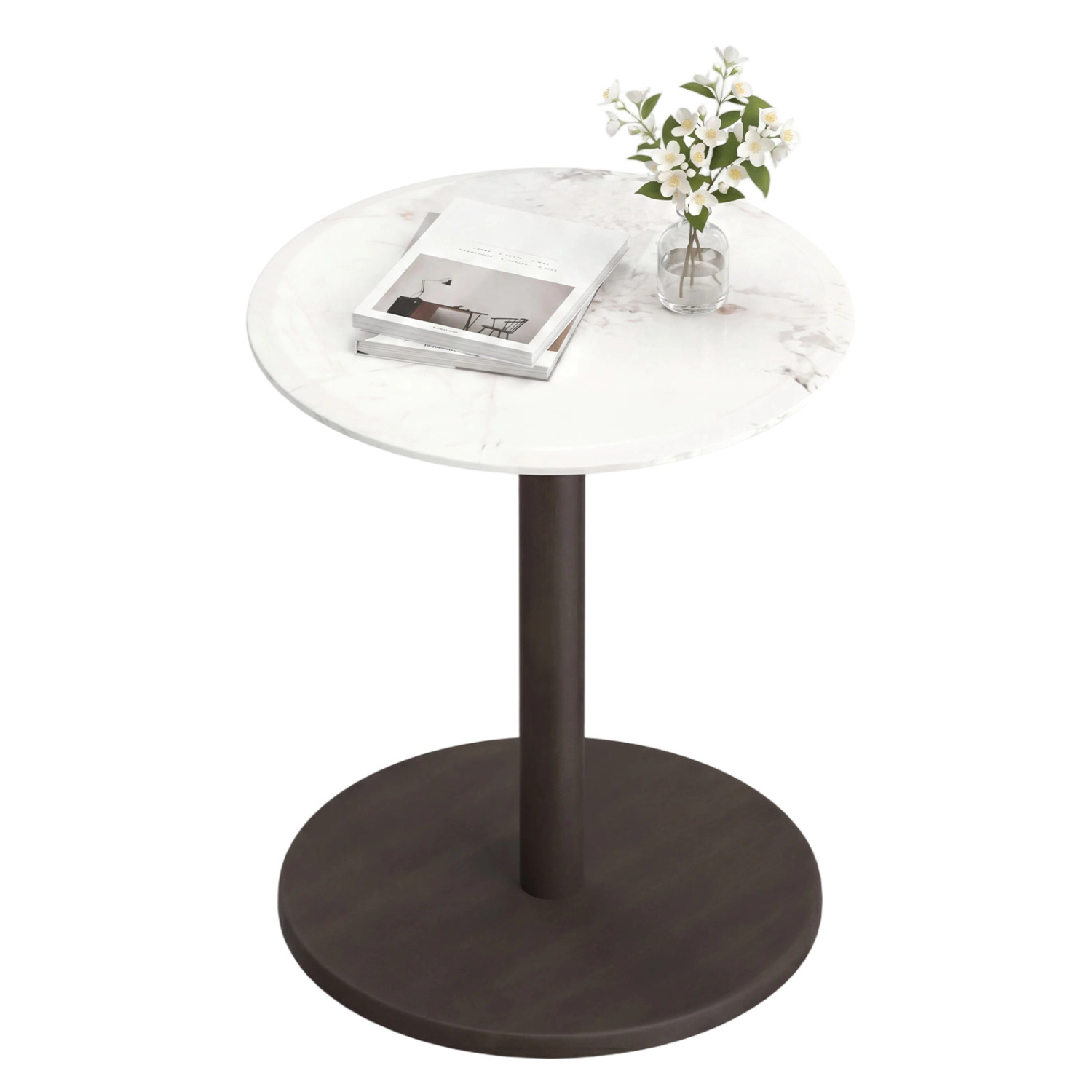 Glintex Round Genuine Marble Pedestal Side Table with Rubber Wood Column, White