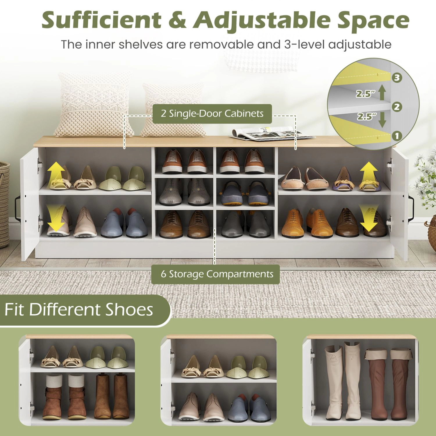 SlickBlue 2-Door Shoe Storage Bench with Adjustable Shelves