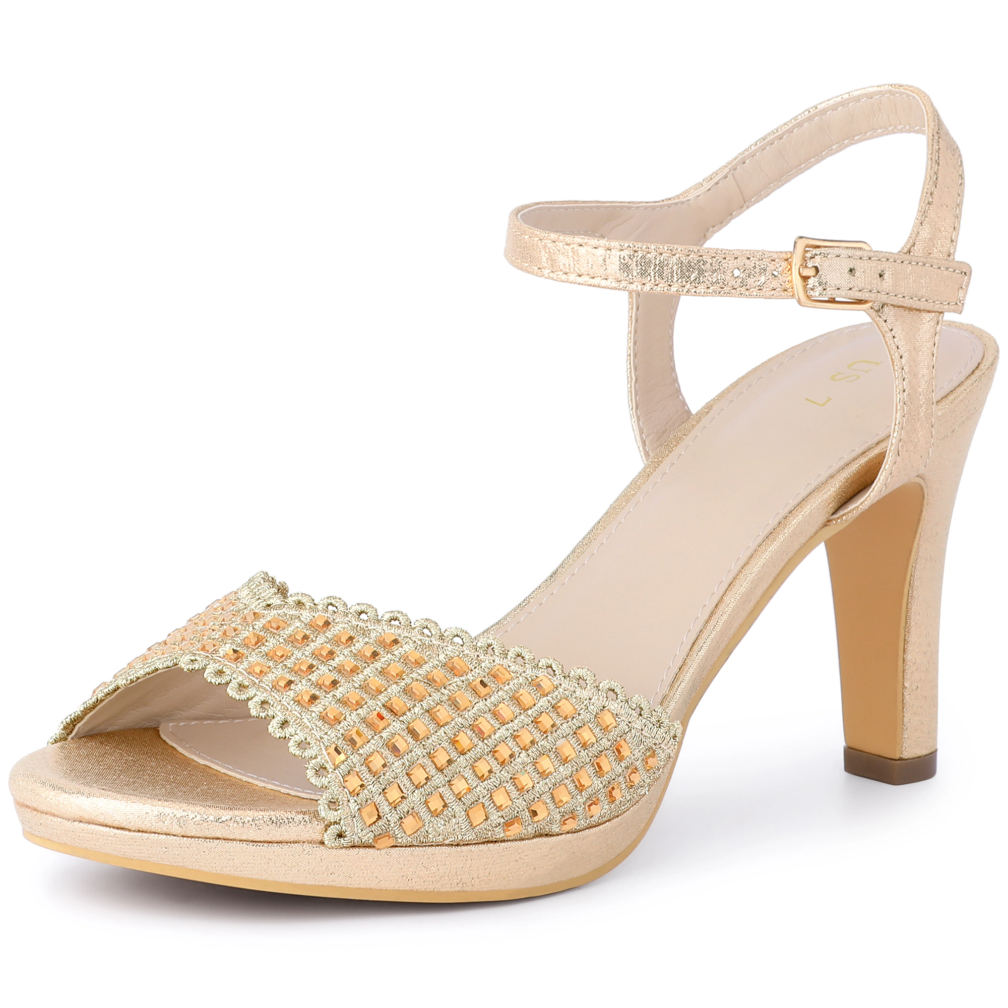 BLISSFUL STEP Women's Metallic Rhinestone Sparkly Stiletto Heel Sandals