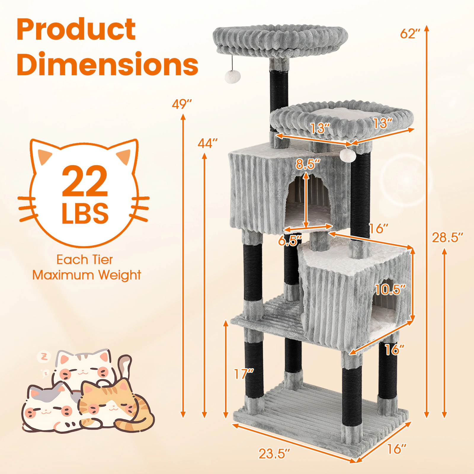 SUGIFT 62-in Light Gray Cat Tree Tower with Ribbed Flannel Covering and Faux Rabbit Fur Perches 23.5-in W