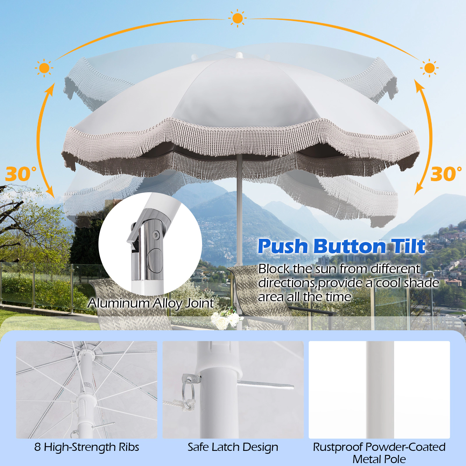 SUGIFT Cream White Fringe Trim and Push Button Tilt UPF 50+ 6.5 ft Beach Umbrella