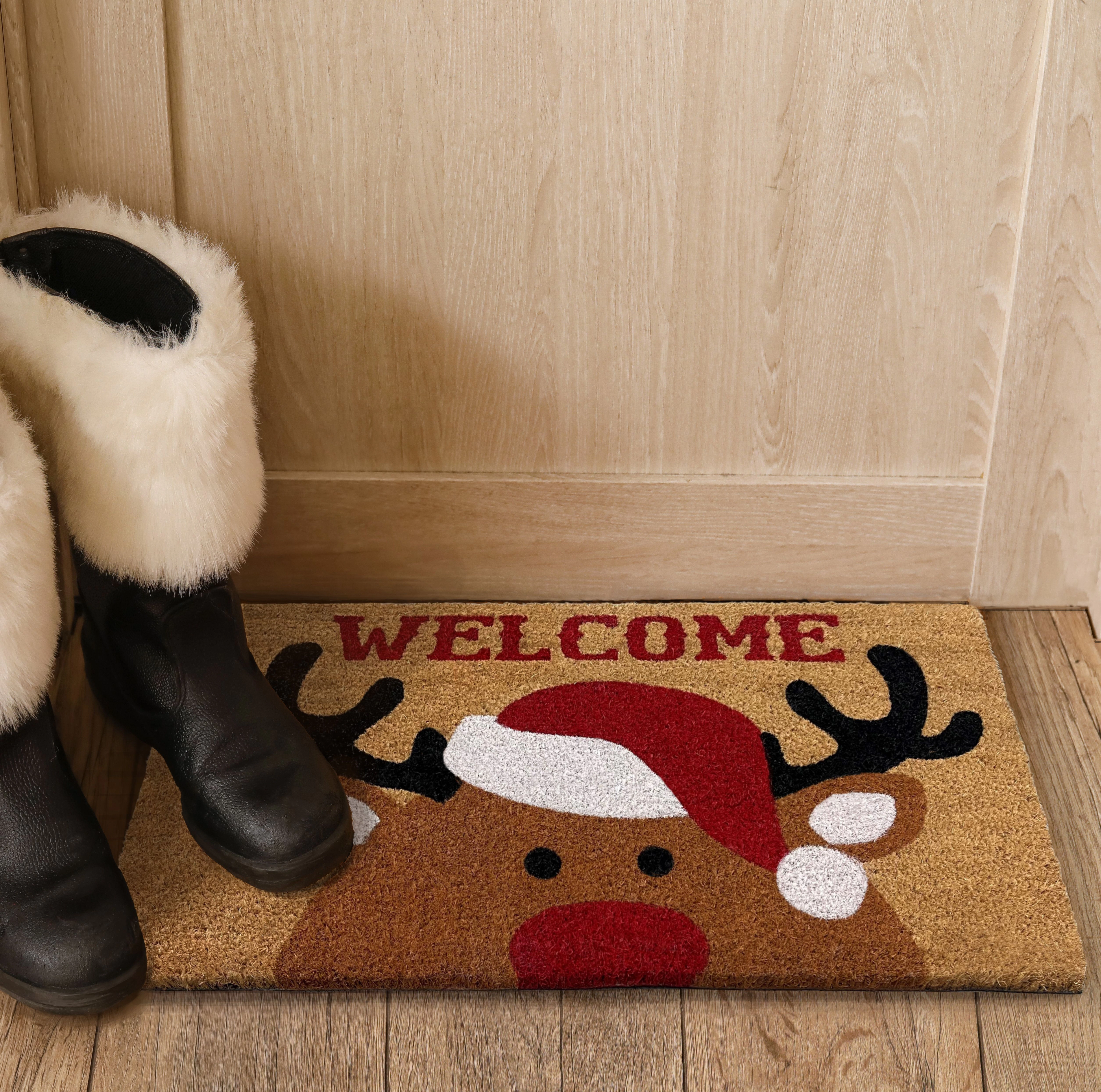Kate Aurora Festive Christmas Wonderland Santa Reindeer Bristled Indoor & Outdoor Holiday Welcome Mat - 18"x30"