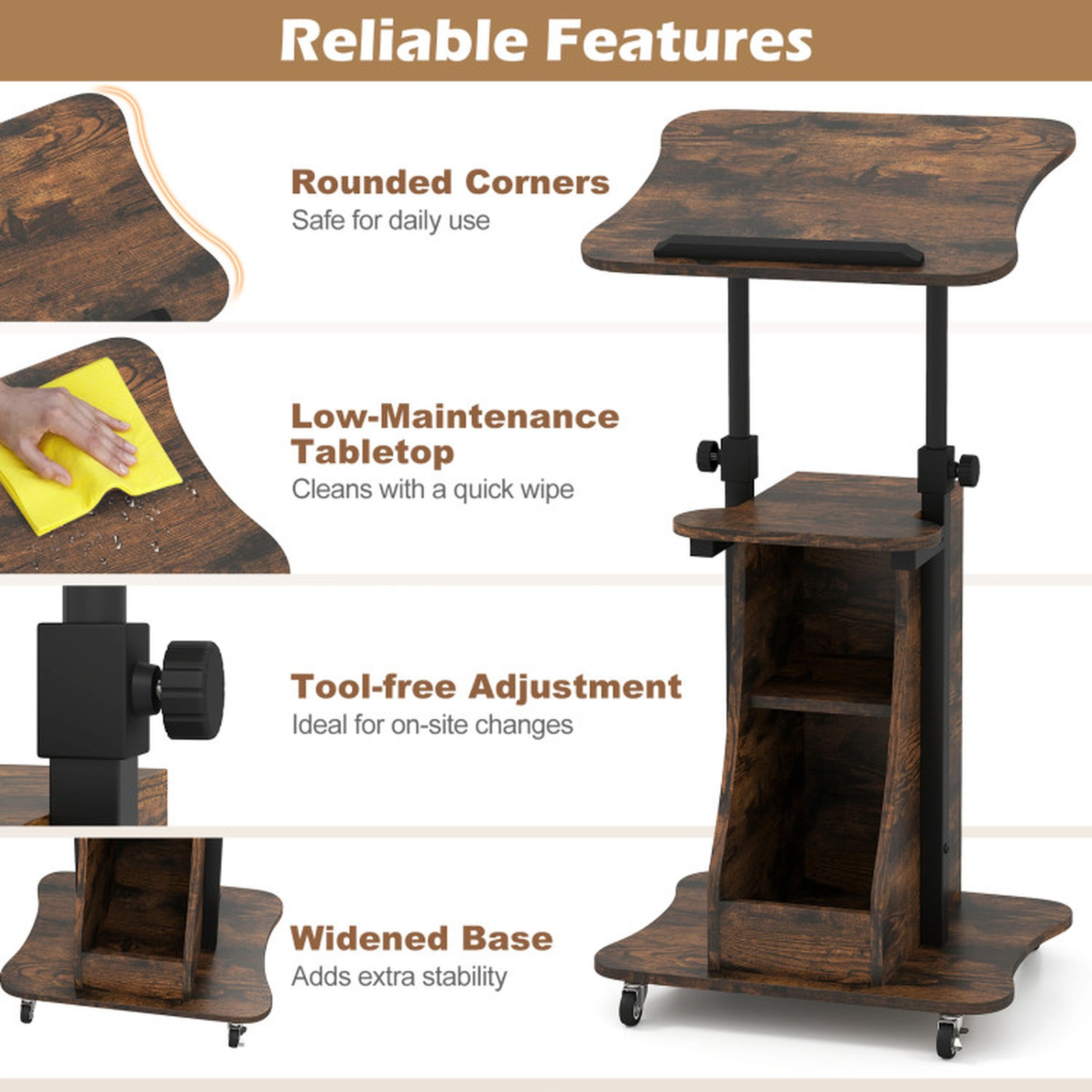 SUGIFT Tilting Top Storage Rolling Podium Standing Desk 20-in x 16-in 28.5-in to 44-in 200-lb Capacity Rustic Brown