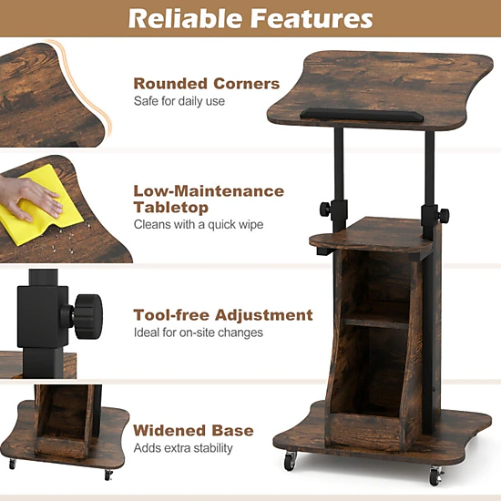 SUGIFT Tilting Top Storage Rolling Podium Standing Desk 20-in x 16-in 28.5-in to 44-in 200-lb Capacity Rustic Brown