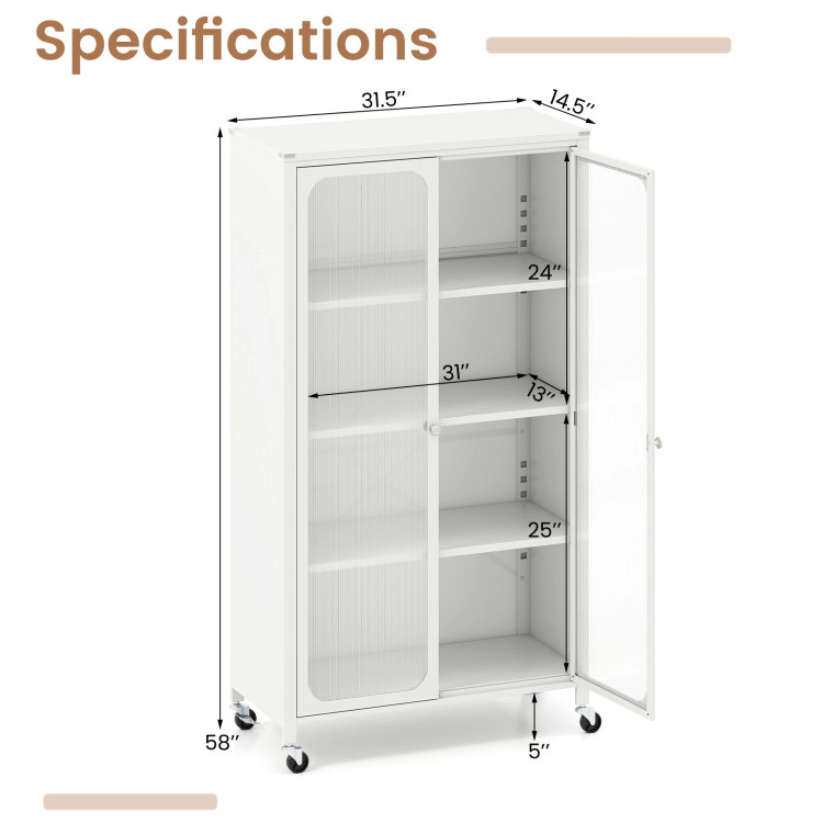 Hivvago 58 Inches Bookcase with Adjustable Shelves and Lockable Wheels-White