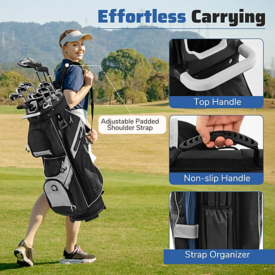 SUGIFT Molded Lock Top Golf Cart Bag 14-Way Full Length Dividers 11 Pockets 5.7-lb Polyester Sports Bag Black White Gray