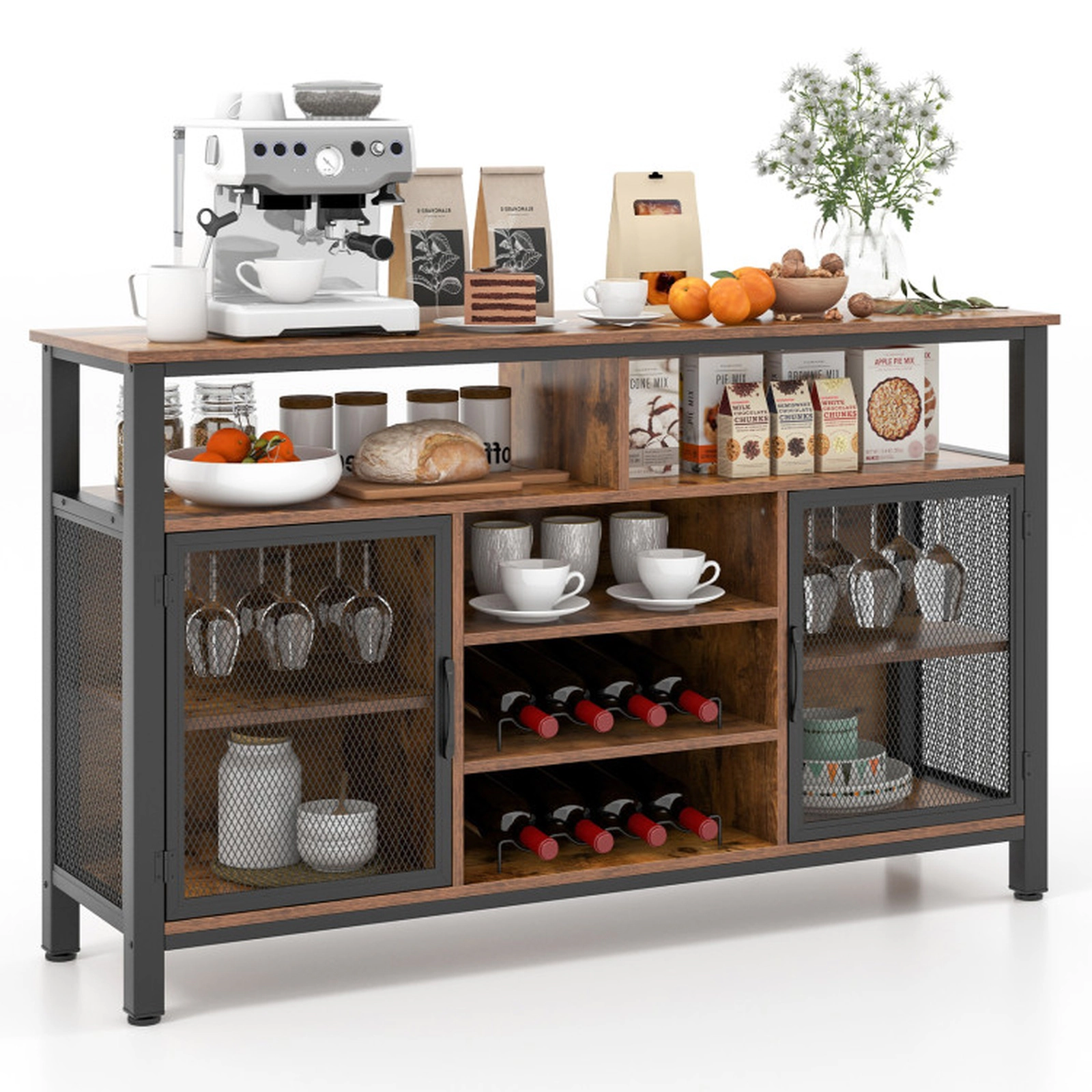 SUGIFT 55-In Buffet Sideboard with 8-Bottle Wine Racks and Wine Glass Holders 360-lb Tabletop Capacity Brown and Black