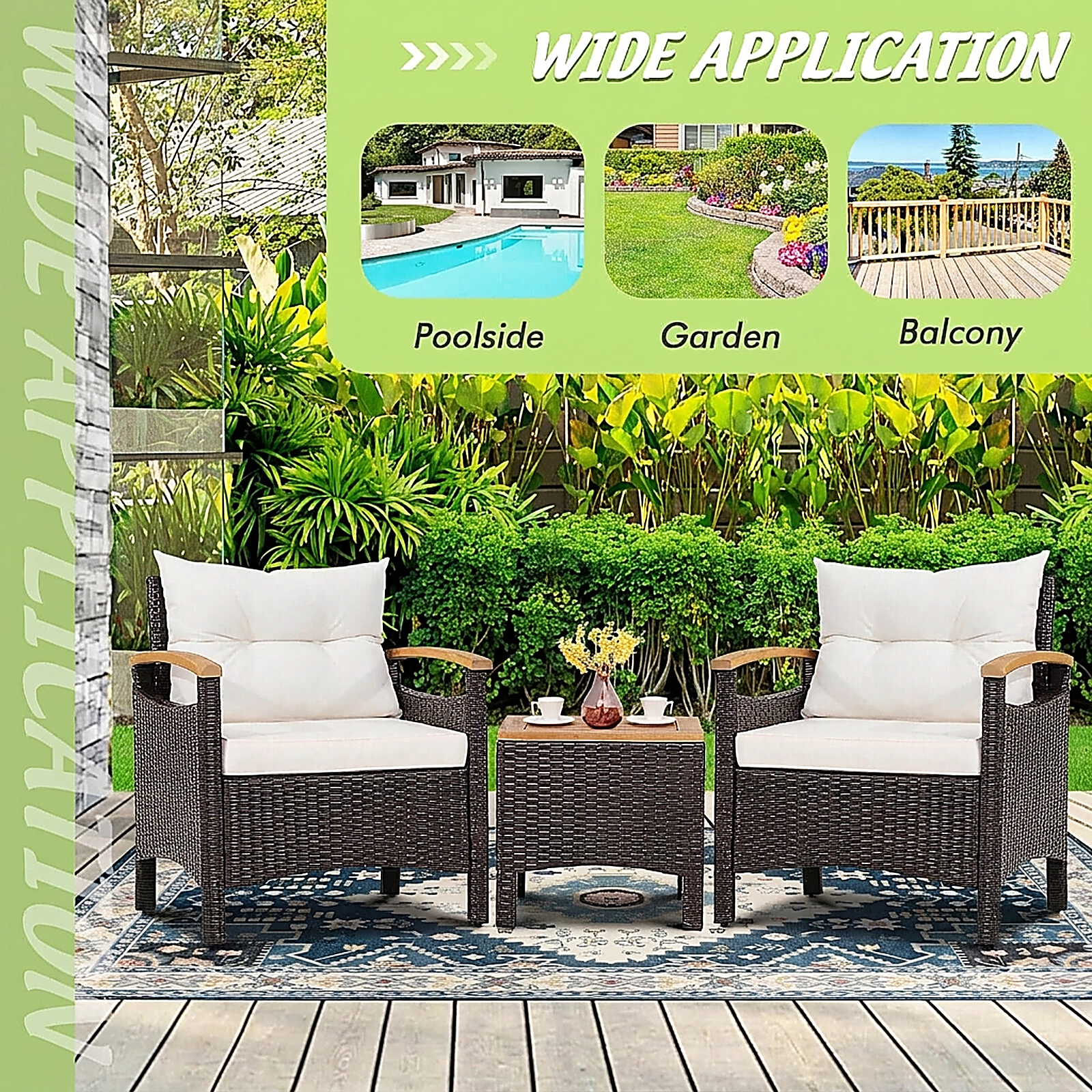 SUGIFT Patio Rattan Conversation Set Acacia Wood Table 350-lb Sofa Capacity Mix Brown Rattan Off White/Navy Cushions