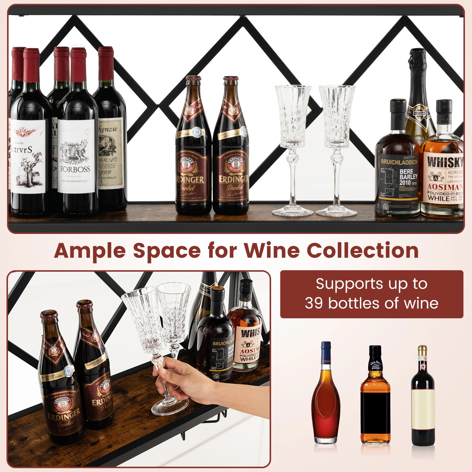 SUGIFT 39.5-in Wall Mounted Wine Rack for 39 Bottles and 12 Glasses with Metal Bar Shelf and Stemware Holder