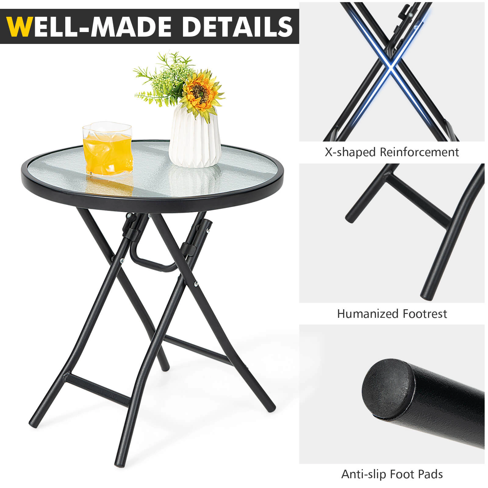 SUGIFT 18-In Black Folding Tempered Glass Outdoor Side Table with Rustproof X-Frame