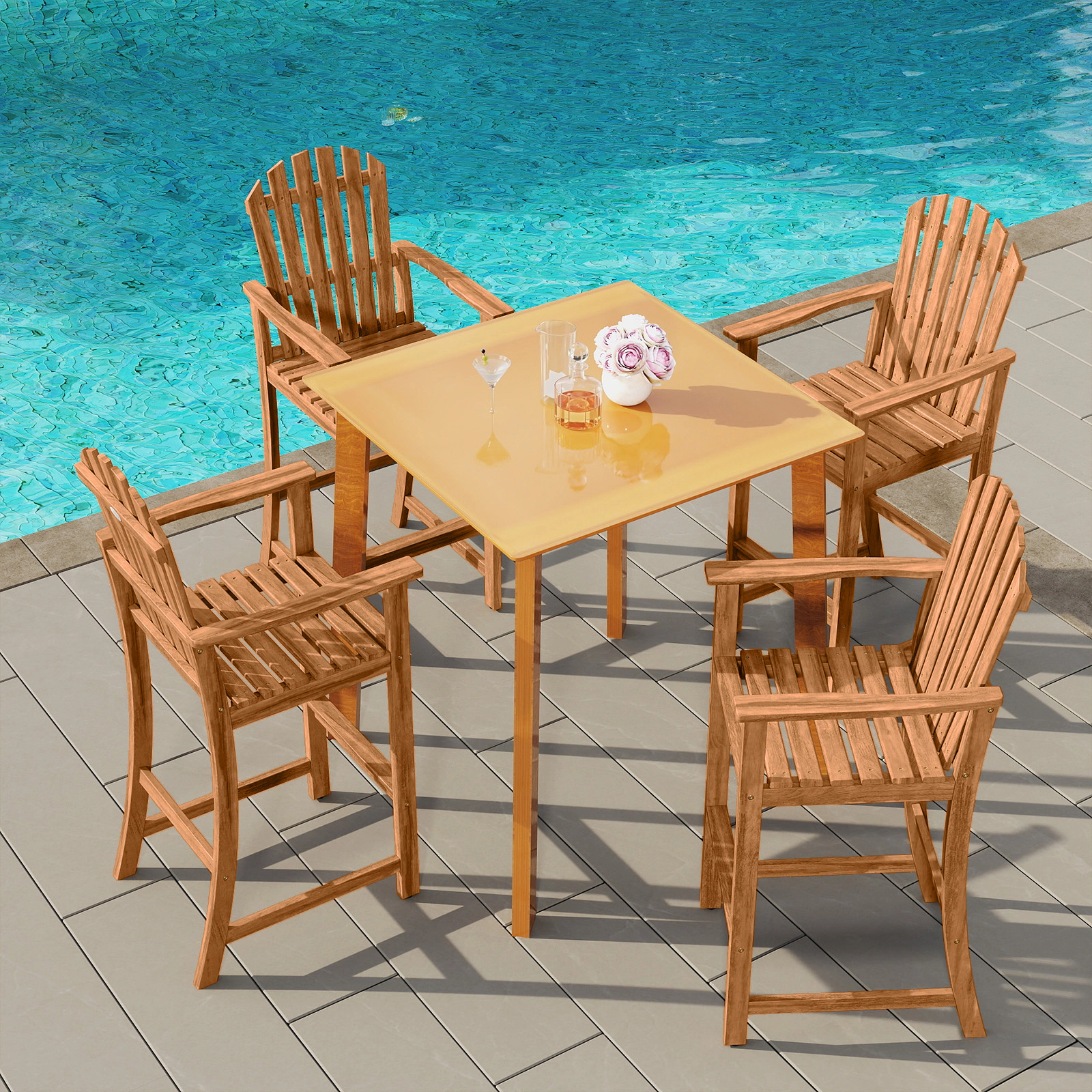 SUGIFT Natural Armrests and Footrest for Deck Tall Acacia Wood Adirondack Bar Chair