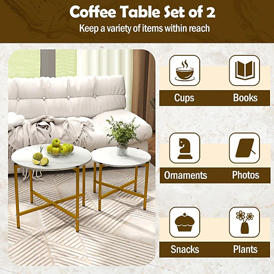 Glintex 2-Piece Round Nesting Coffee Table Set with X-Shaped Metal Frames