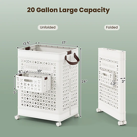 SUGIFT Collapsible 20-Gallon Laundry Basket with Hanging Basket 22-lb Capacity 17-in Wide PP Storage Bin White