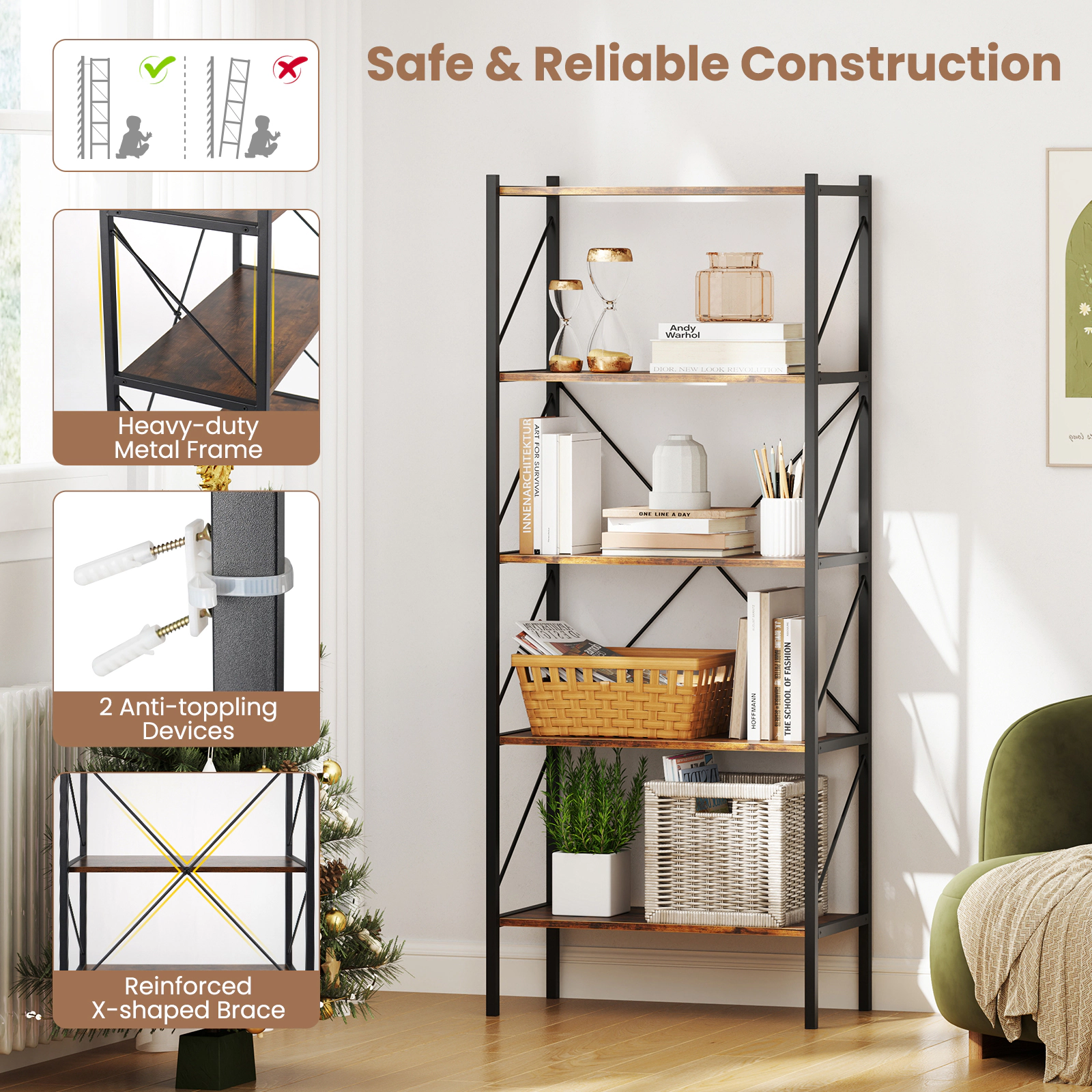 SUGIFT Rustic Brown 5-Tier Bookshelf 63 in with Heavy-Duty Metal Frame