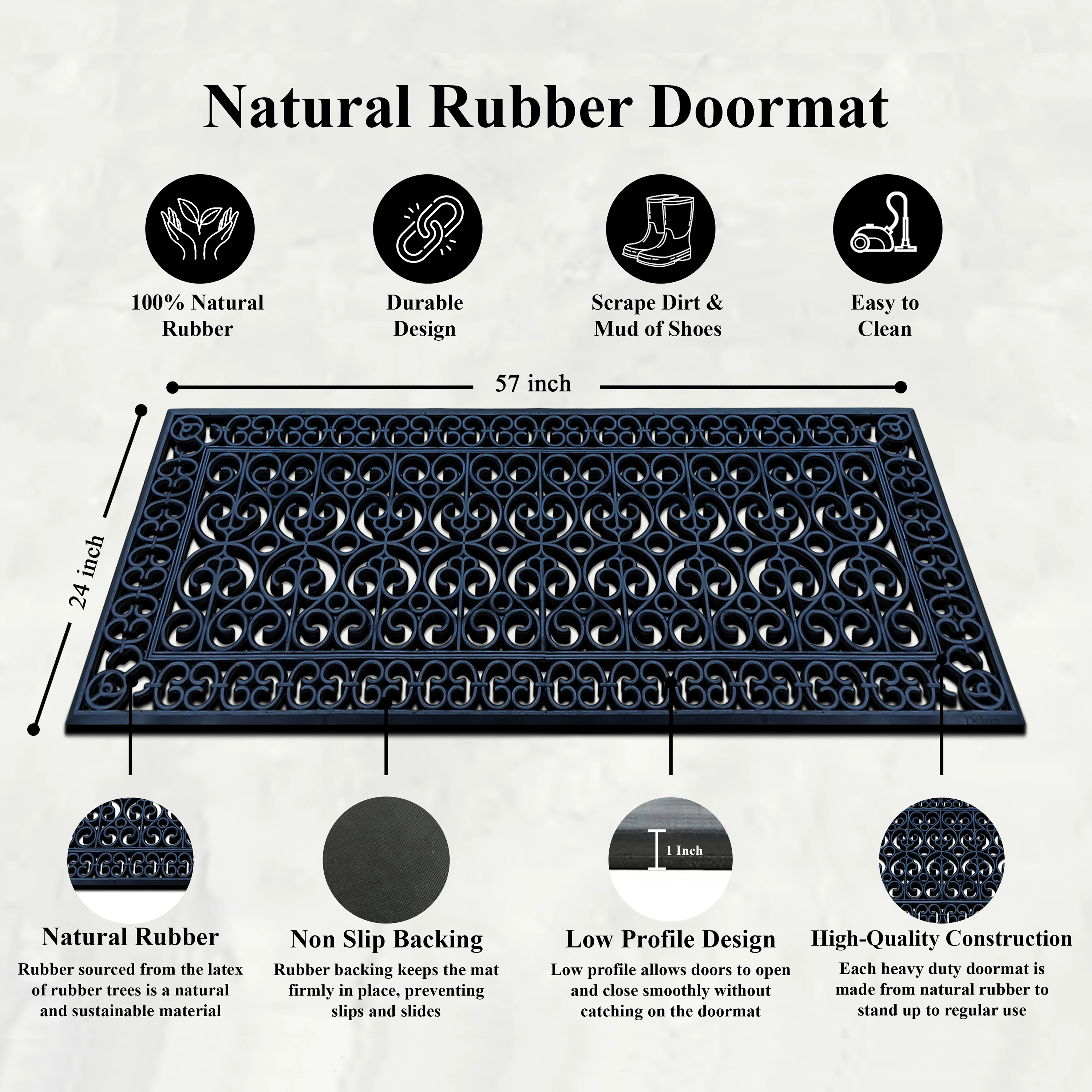 A1 Home Collection 19 lb Heavy Duty Rubber Doormat Non-Slip Outdoor Dirt Scraper Mat, Black Artistic, 24 x 57 Inches