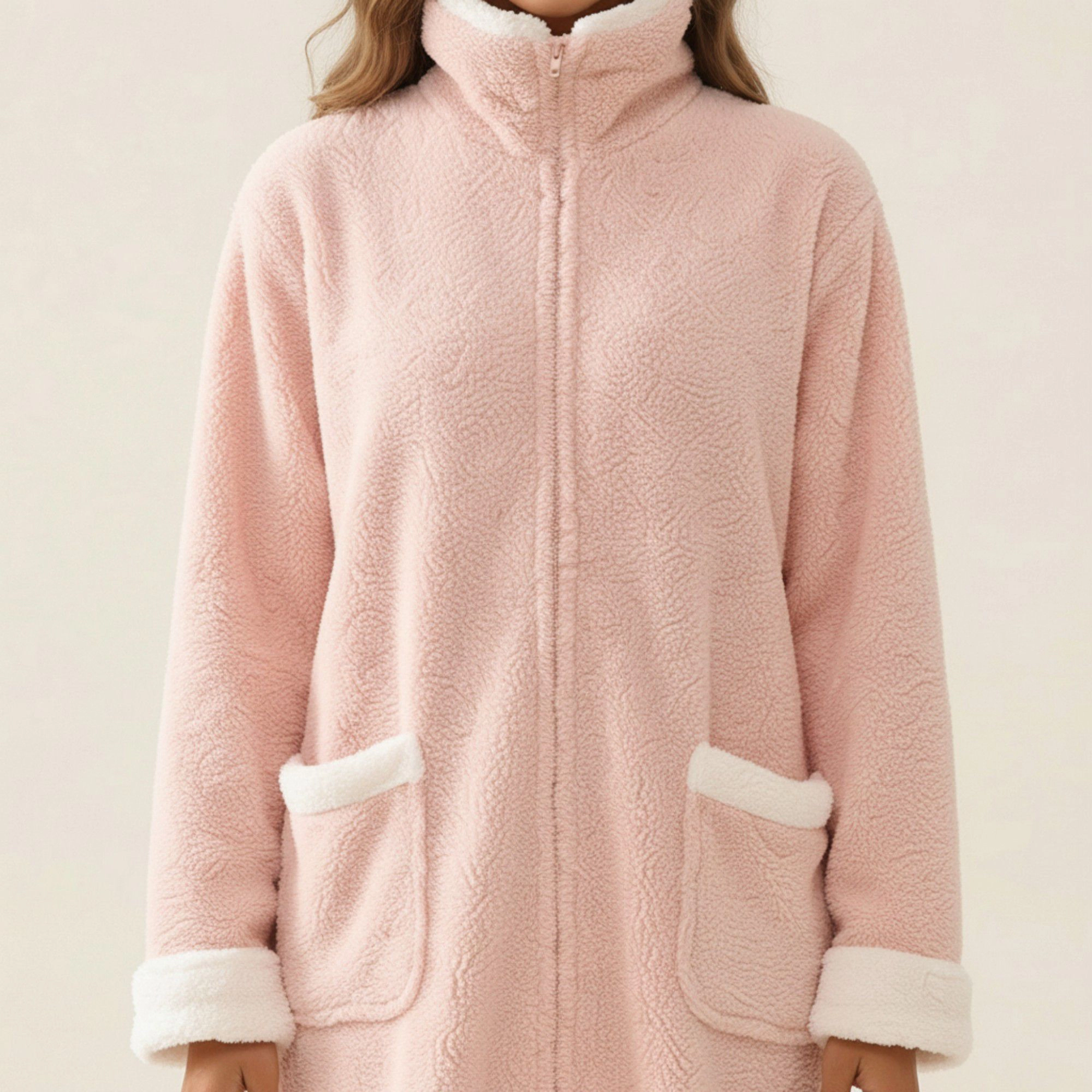 Anna-Kaci Women's Long Plush Zip Front Robe with Stand Collar Pockets Soft Fleece