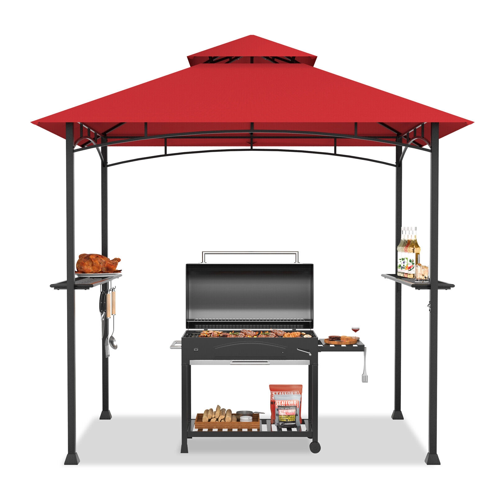 SUGIFT Wine Outdoor Barbecue Grill Gazebo Canopy with Double Roof and 3.9-ft Side Shelf 8-ft W 8.4-ft H