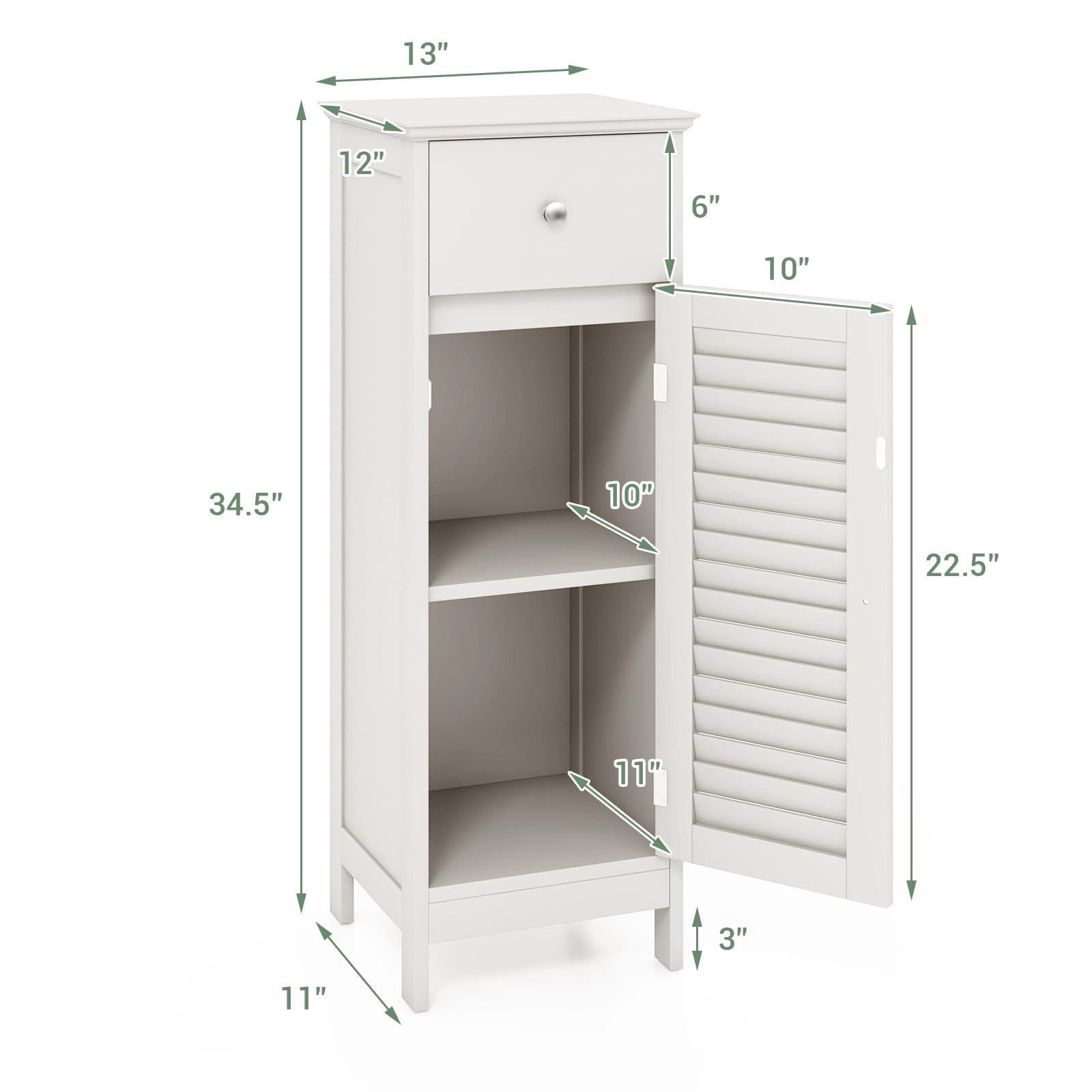 Glintex Slim Bathroom Cabinet with Shutter Door Drawer and Raised Bottom, White