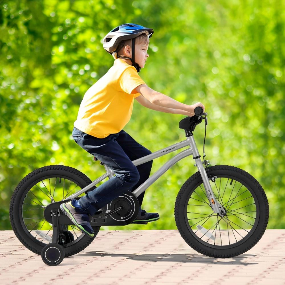 SUGIFT 18-Inch Silver Kids Bike, High Carbon Steel, Dual Brakes, Removable Training Wheels