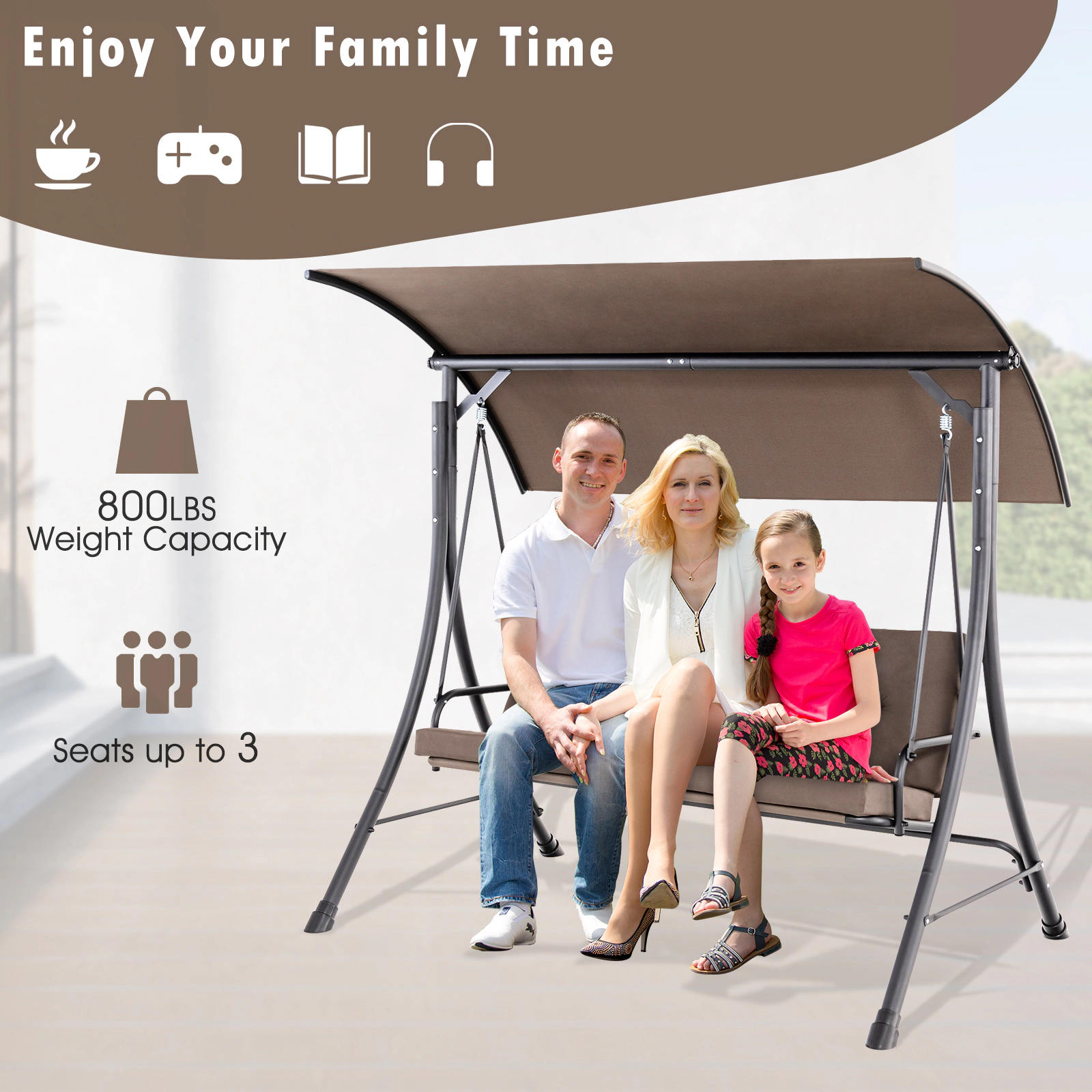 SUGIFT Brown 3-Seat Porch Swing with 240-Degree Canopy, Olefin Cushions, 800-Lb Capacity