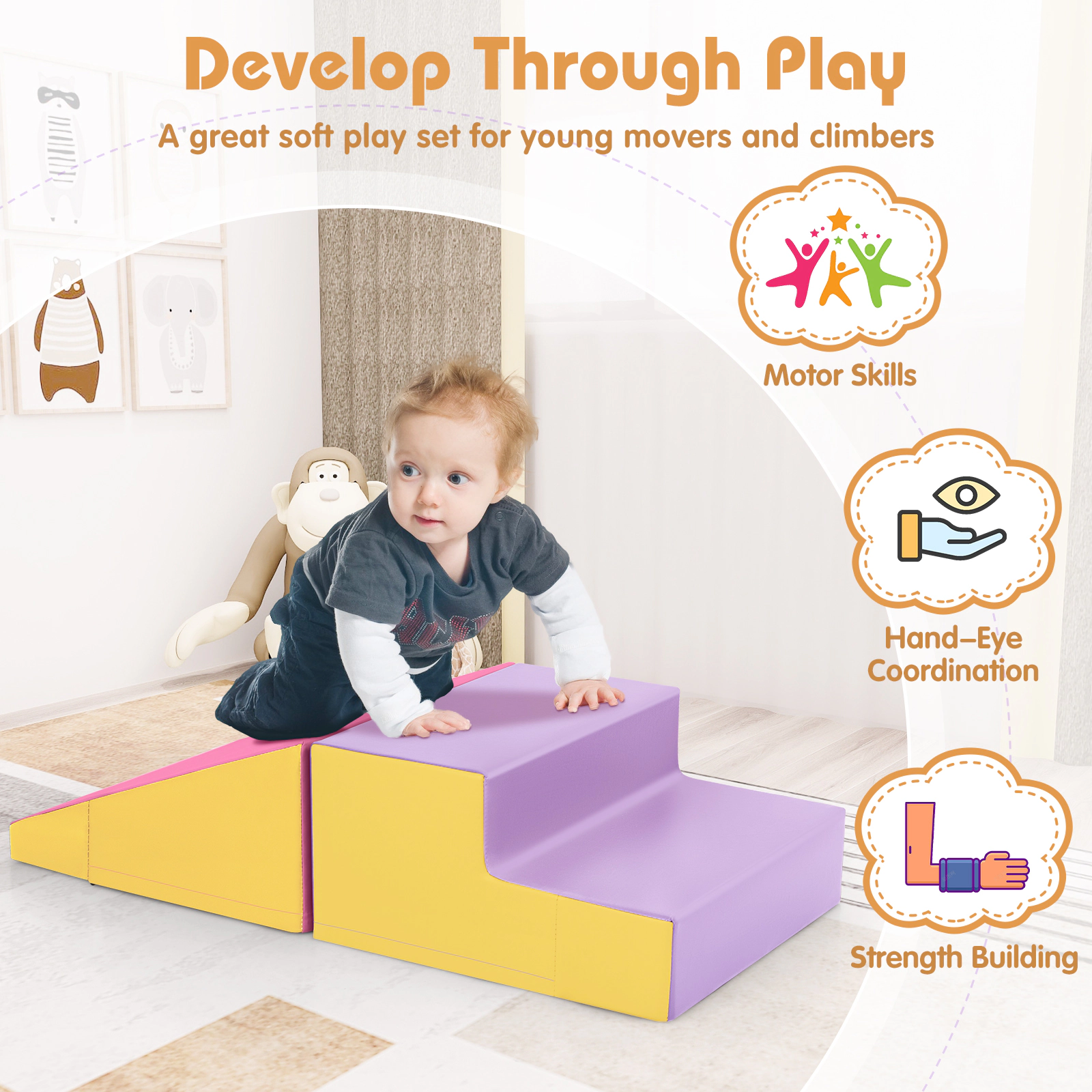 SUGIFT Step and Slide Climber Soft Play Set for Infants and Toddlers Yellow