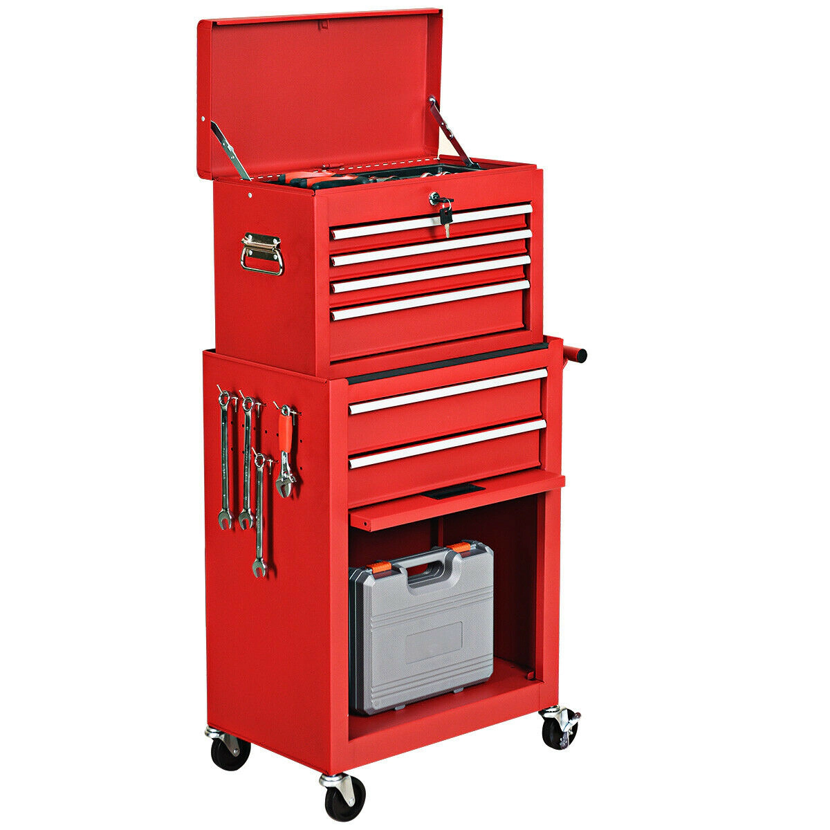 SUGIFT Rolling Tool Chest and Cabinet Combo with Lockable EVA-Lined Drawers 4 Hooks and Side Handle