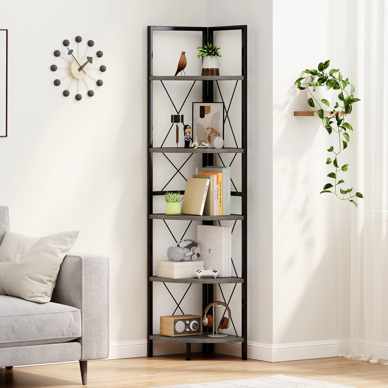 SlickBlue 5 Tier Corner Bookshelf with Metal Frame Storage