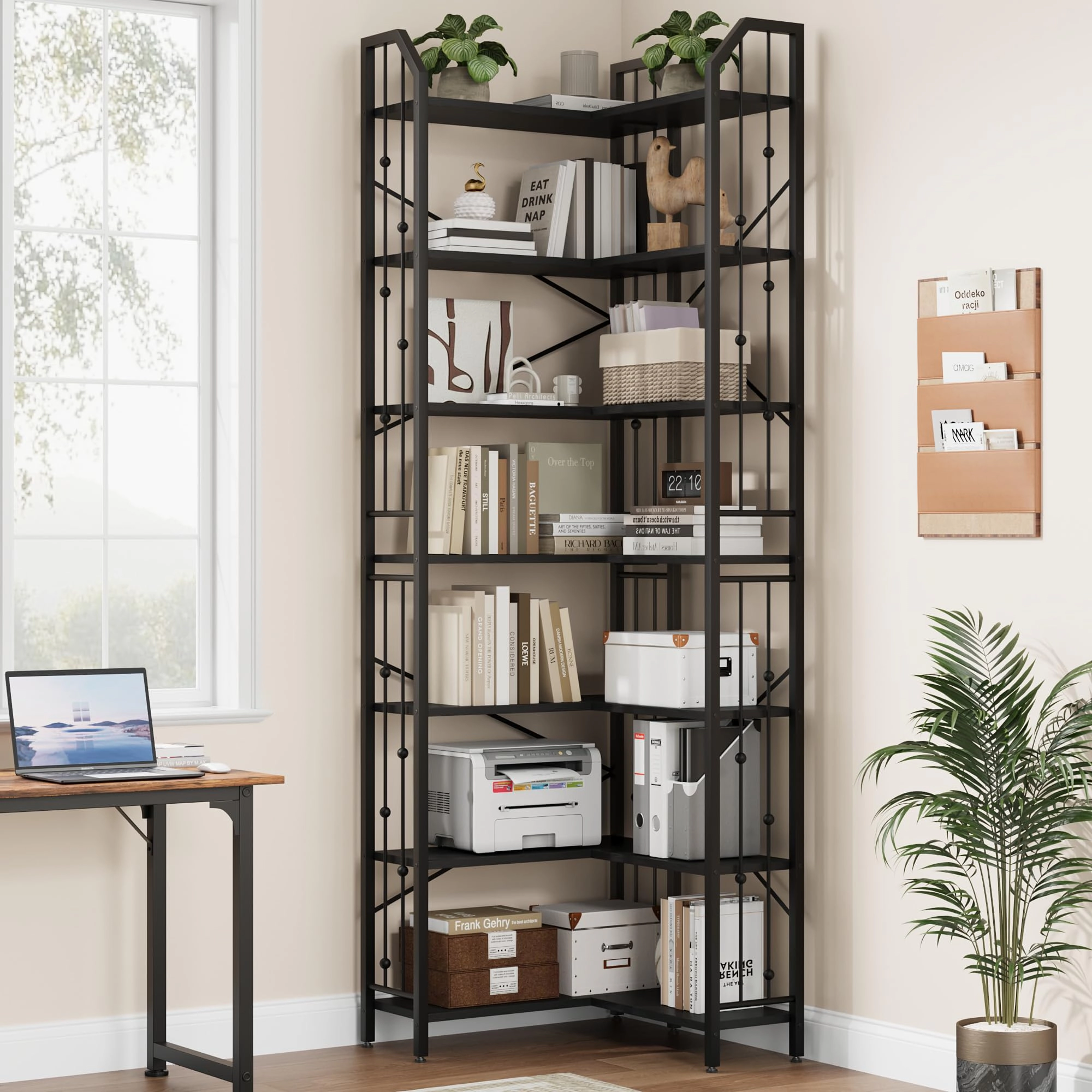 BebreezChic l-Shaped Corner Bookshelf, 5-Tier Tall Bookcase, Industrial Storage Display Shelves for Living Room