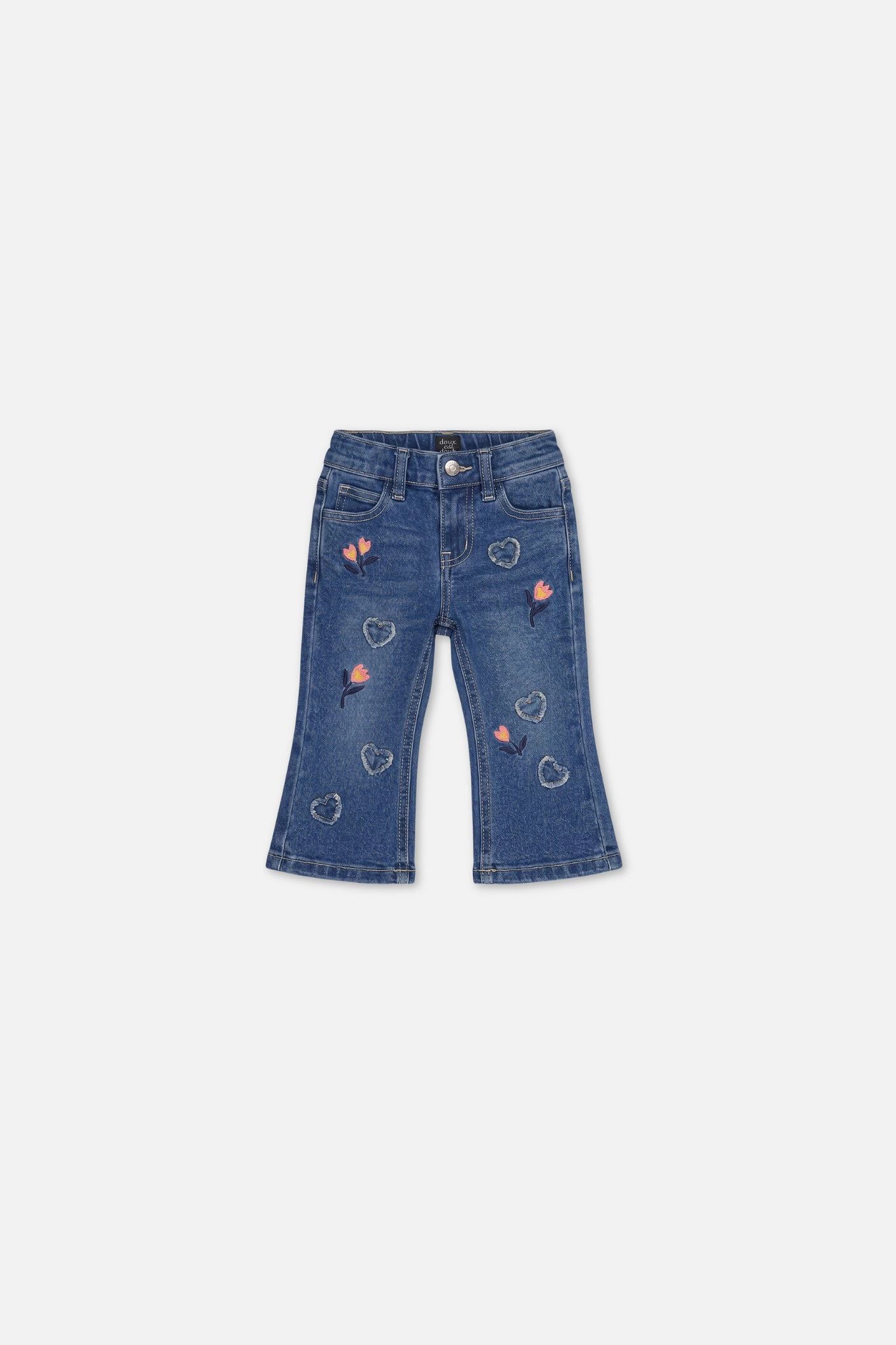 Deux par Girls Heart Appliqué & Floral Embroidered Boot Leg Denim Jeans