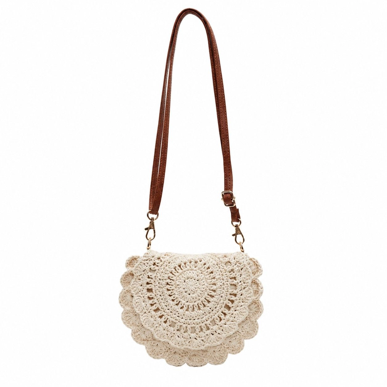 Alilang Women's Crochet Crossbody Bag with Scalloped Flap Magnetic Closure and Shoulder Strap, Khaki