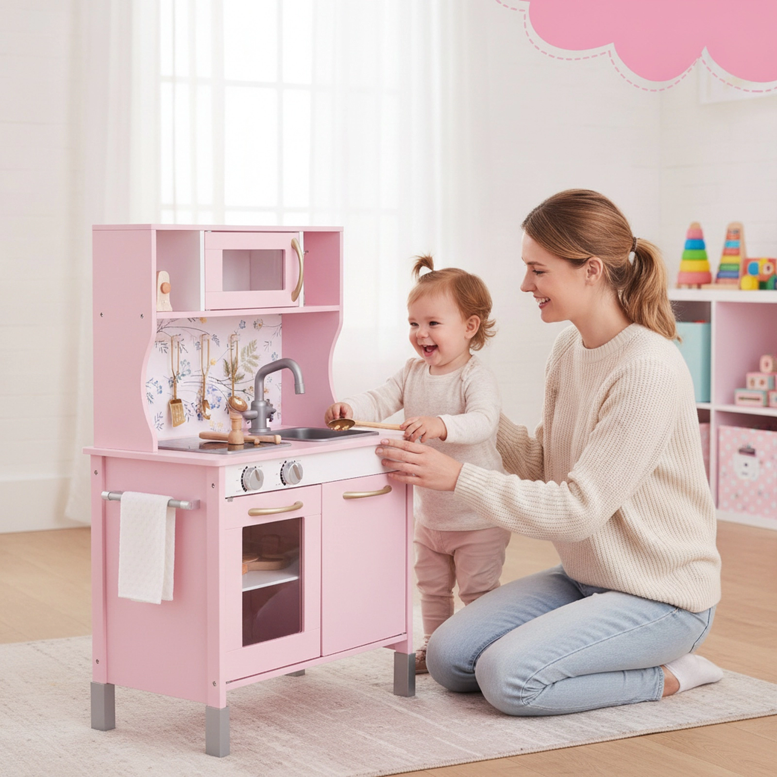 Light Pink Kitchen Playset Stove Cookware Lift-Out Sink Towel Rack 32-in Kitchen Play Set Blackboard Ages 3-6