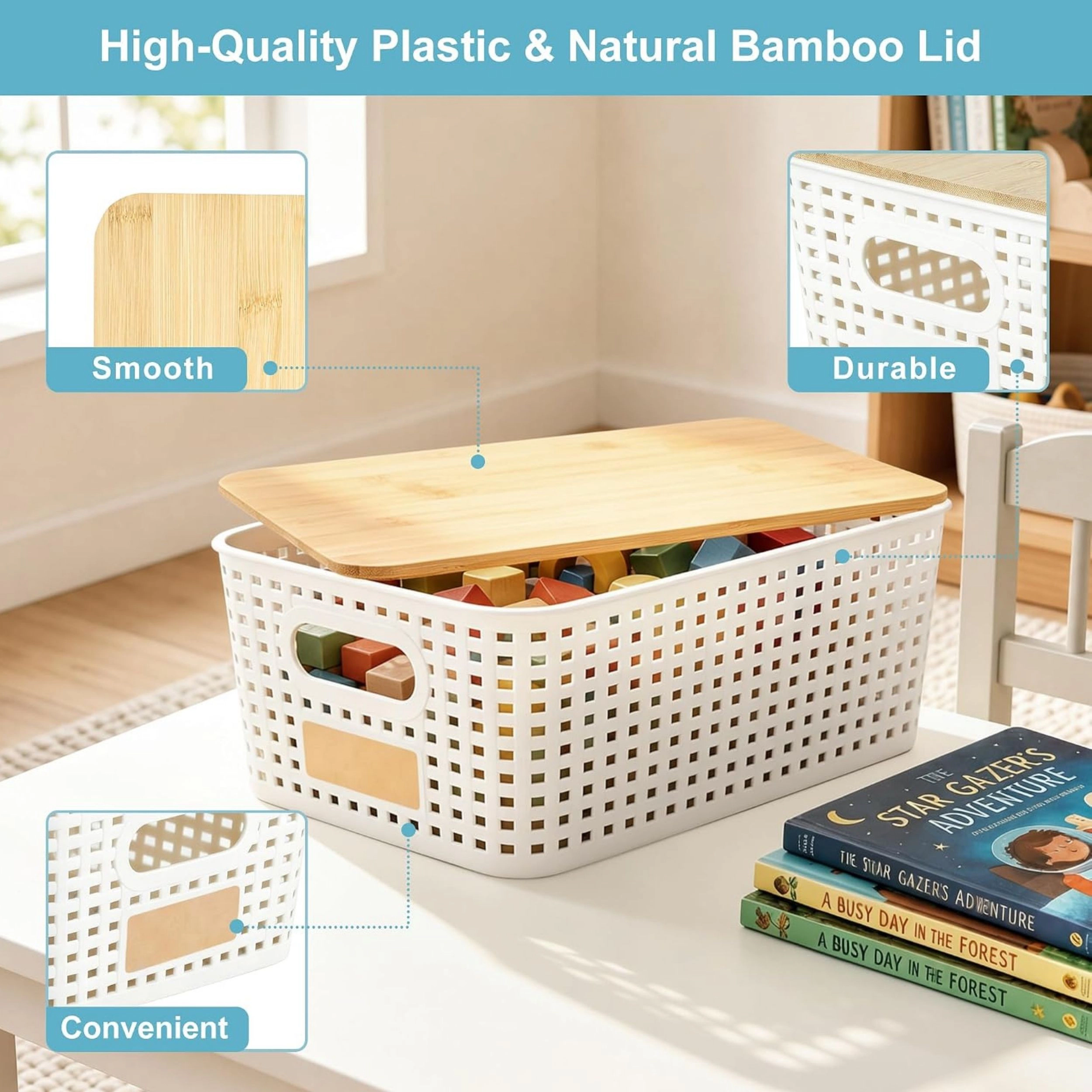 Stock Preferred Stackable Plastic Storage Bin with Bamboo Lid and Labels
