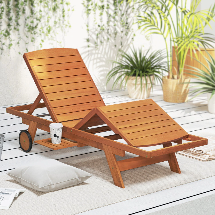 Hivvago Outdoor Chaise Lounge Chair With Wheels 4-Position Patio Wood Recliner With Adjustable Backrest