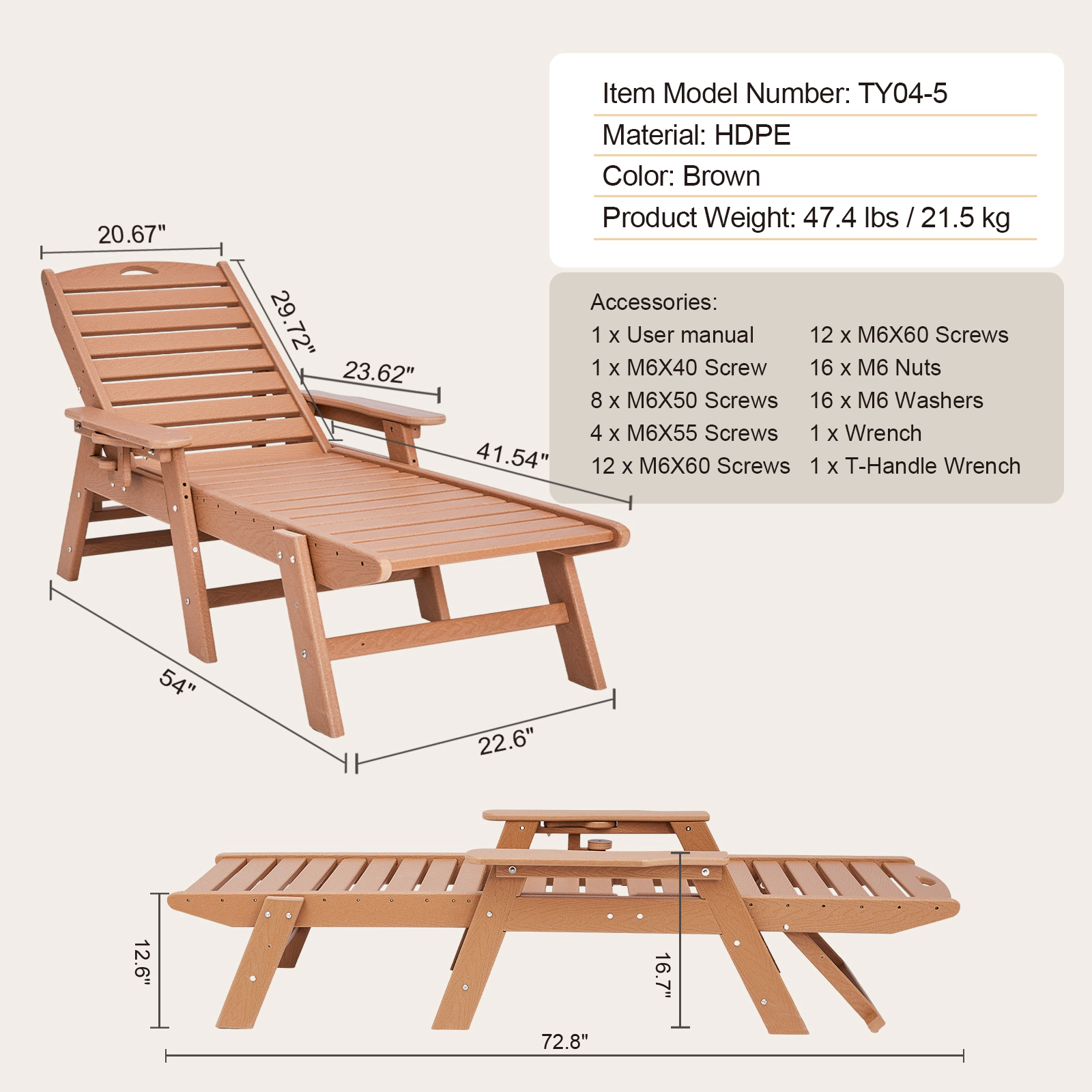 HONGGE Chaise Lounge Chair 400 lbs Weight Capacity 6 Positions Adjustable Patio Outdoor HDPE