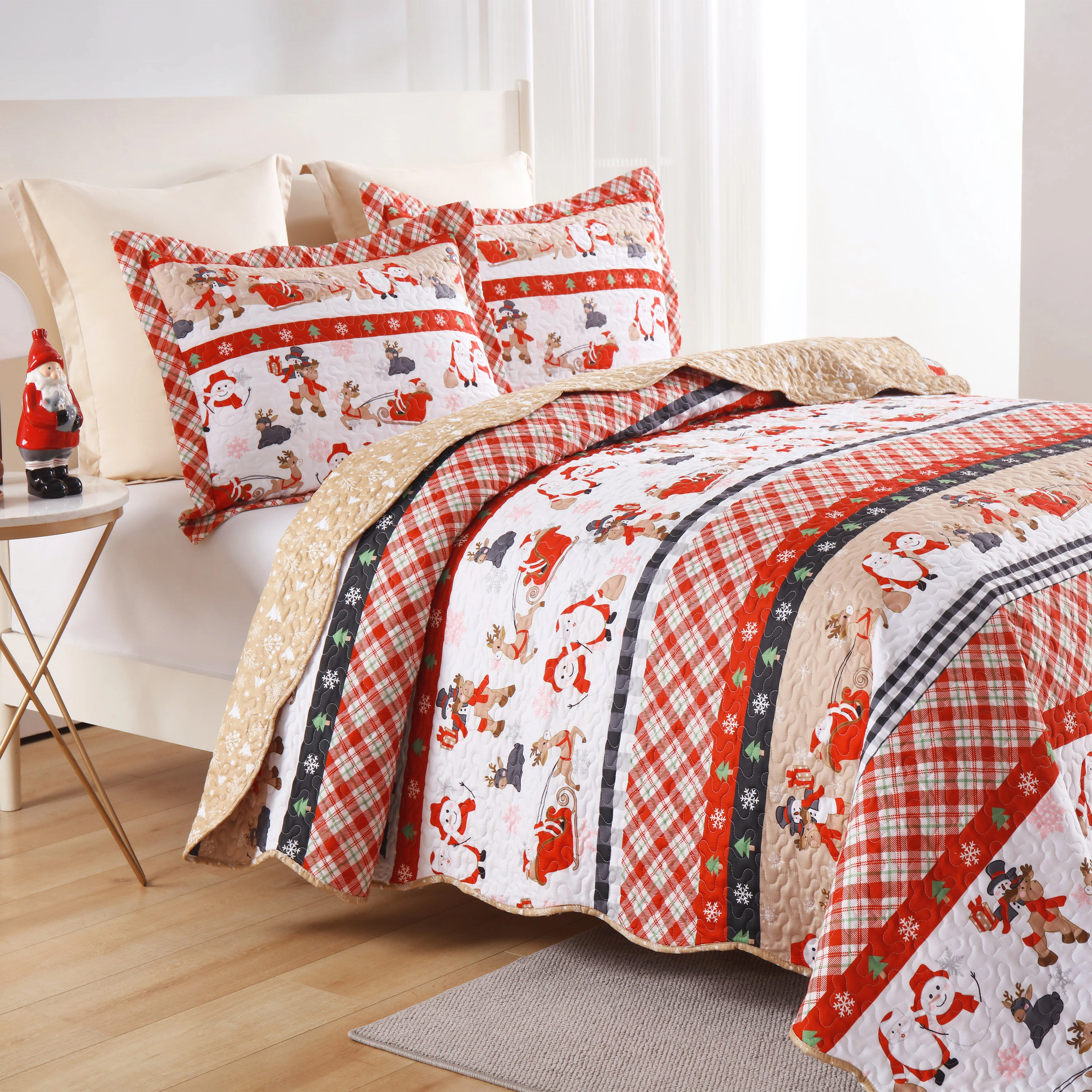 MarCielo 2/3 Piece Christmas Quilt Set Santa Claus Printed Bedspread Set