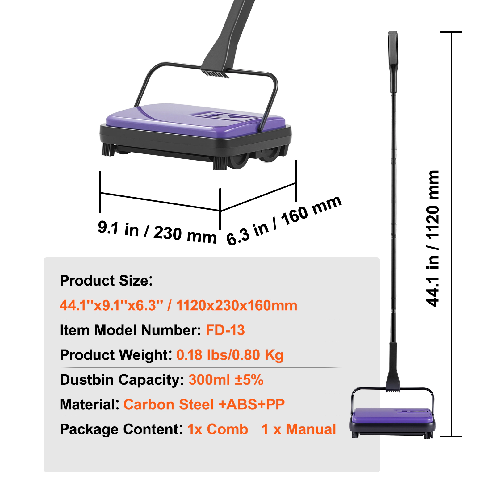 HONGGE Carpet Sweeper Manual Floor Sweeper with 300 ml Dustbin Capacity Easy to Empty 6.7 inch Cleaning Width for Home