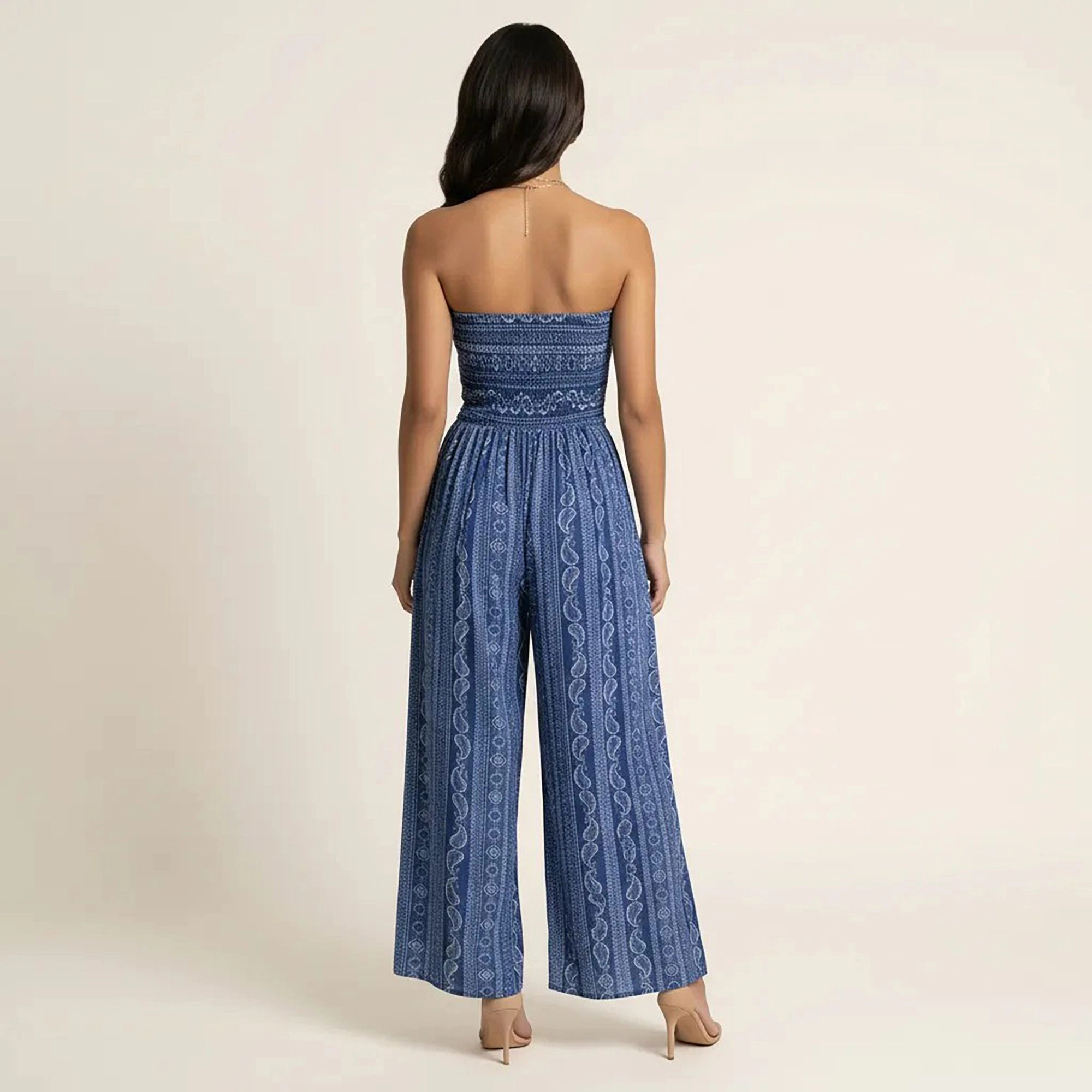 Anna-Kaci Womens Strapless Smocked Wide Leg Jumpsuit with Side Slits