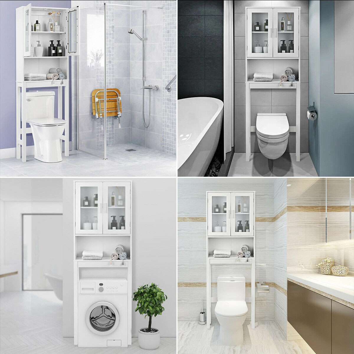 SlickBlue White Over Toilet Bathroom Storage Cabinet with Glass
