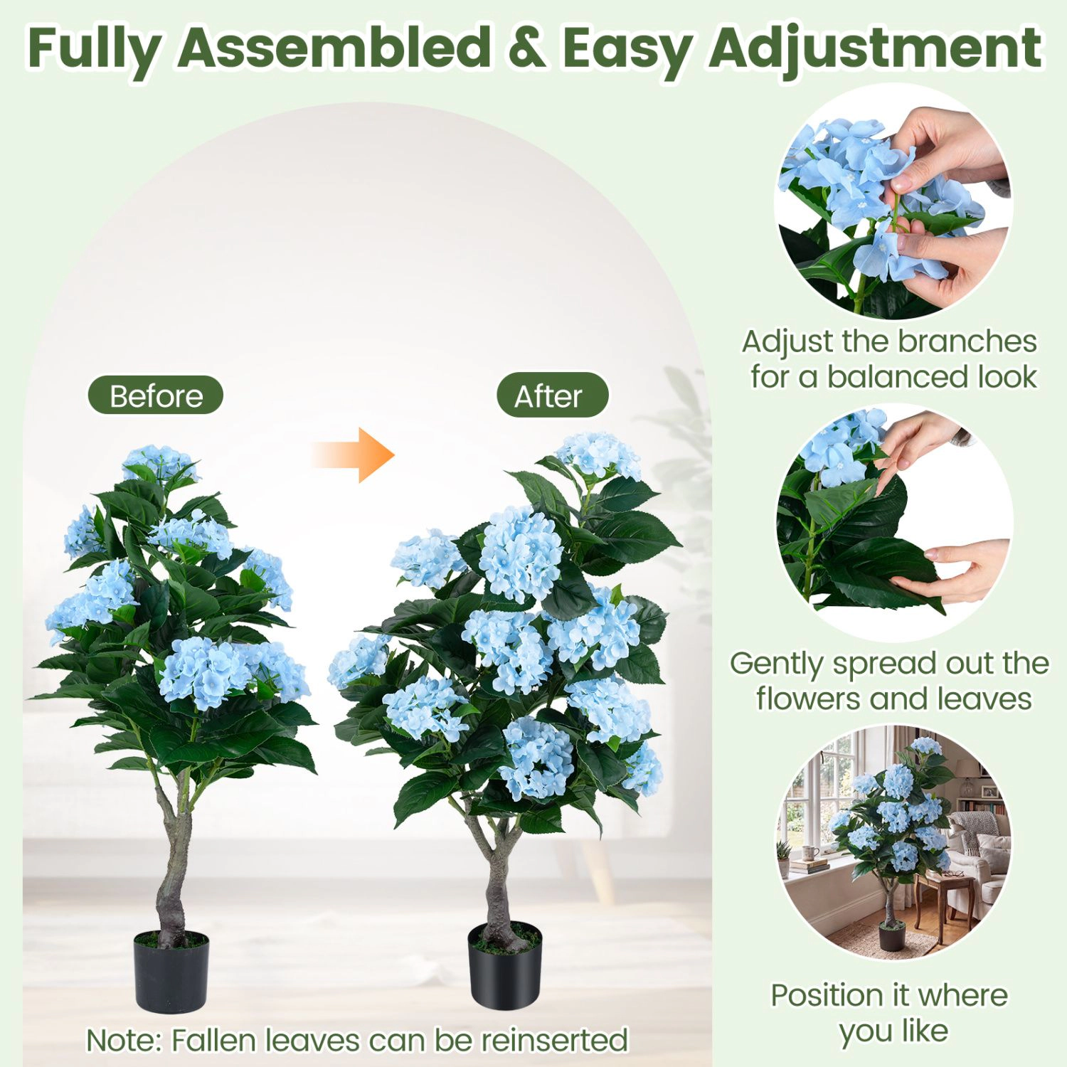SlickBlue Artificial Hydrangea Floor Tree with 11 Blooms & Green Leaves