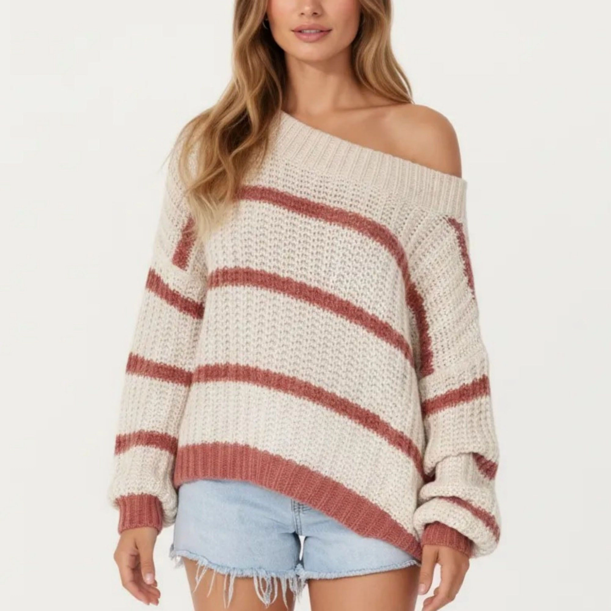 Anna-Kaci Women's Off Shoulder Striped Knit Sweater Top with Ribbed Boat Neckline Long Sleeves Relaxed Oversized Fit