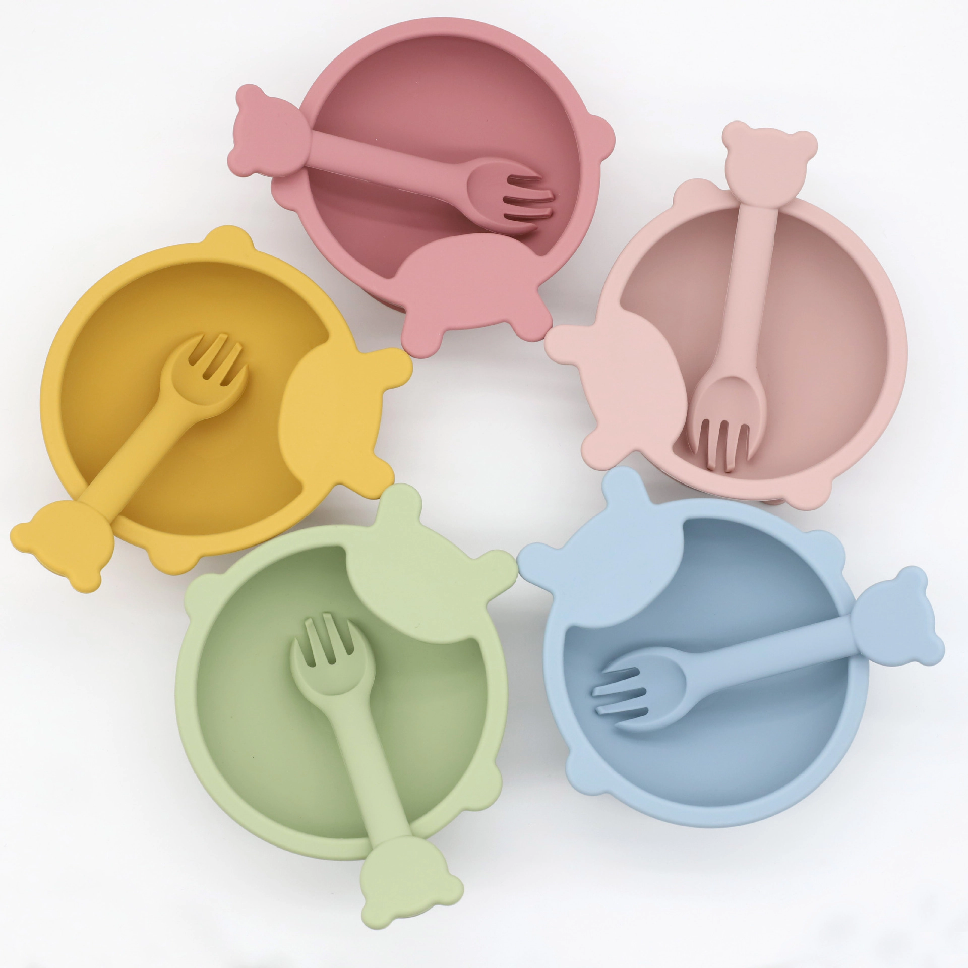 MyKids-USA Baby Cartoon Bear Shape Complementary Food Training Silicone Bowl With Spoon Sets