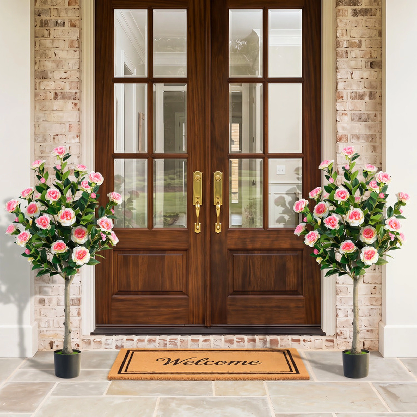 SUGIFT 50.5-in Tall Artificial Pink Camellia Tree with 27 Blossoms Green Moss and Cement-Filled Pot