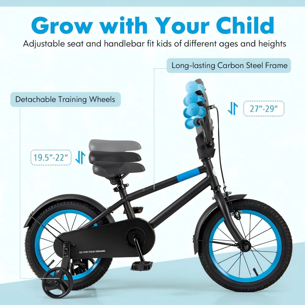 SUGIFT Kids Black 14-in Bike with Adjustable Handlebar and Detachable Training Wheels 145-lb Seat Capacity Ages 3-5