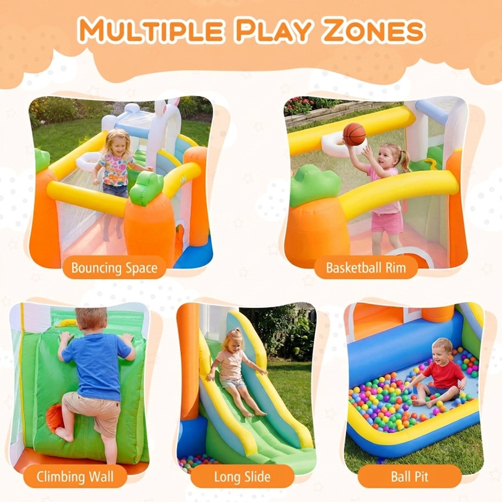SUGIFT Climbing Wall Ball Pit Slide and 480W Blower for Ages 3-12 Kids Bounce House