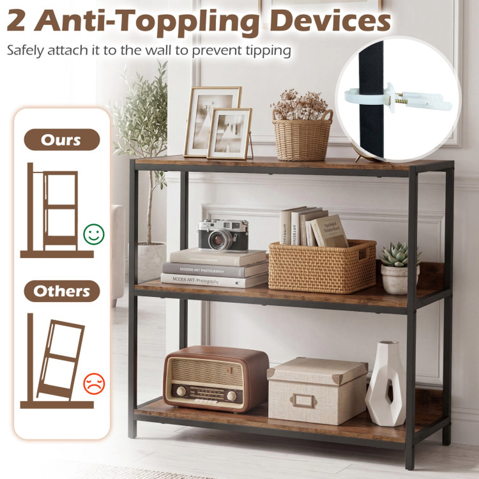 SUGIFT 90-lb Per Shelf 3-Tier Industrial Bookshelf with Wooden Shelves Metal Frame and Anti-Toppling Kit