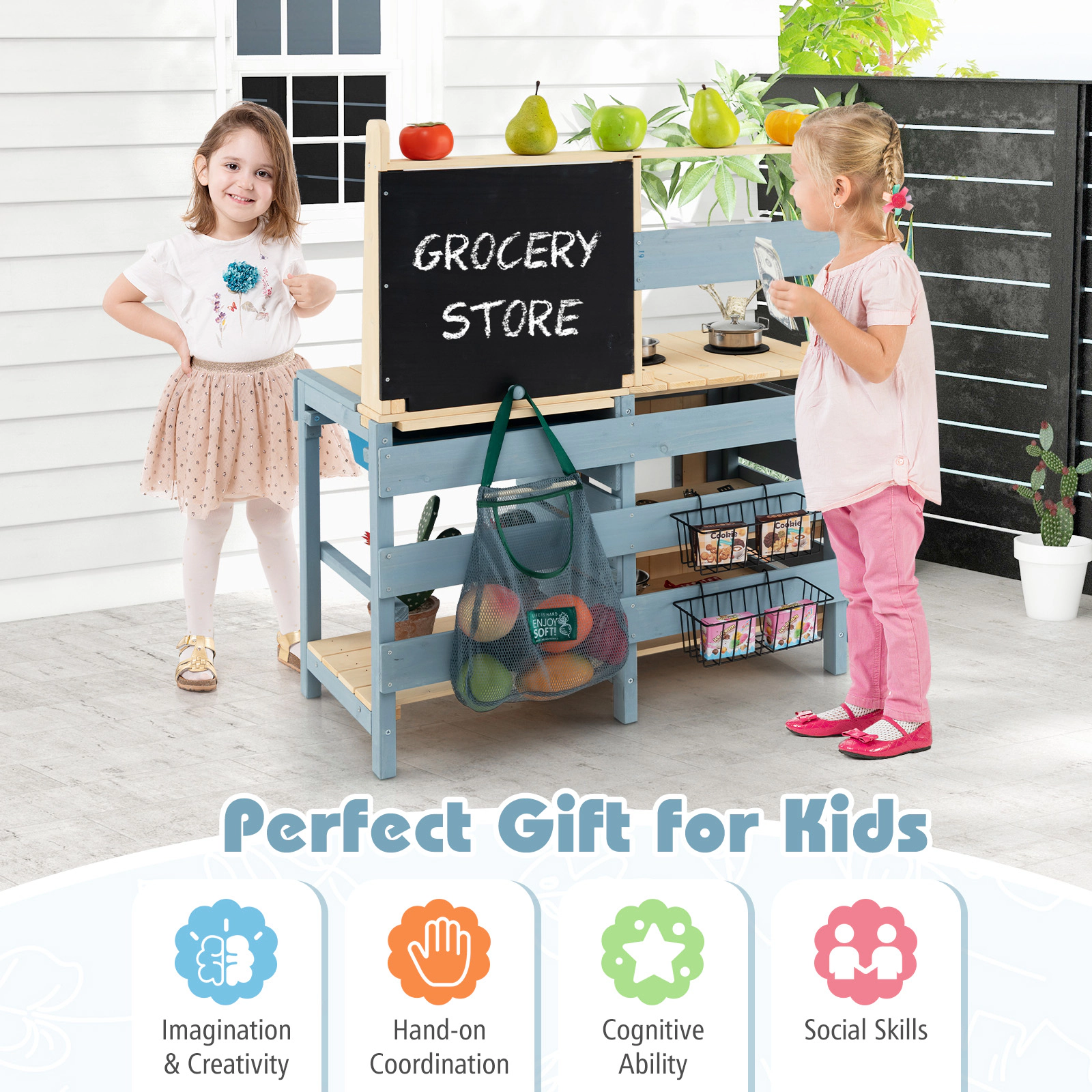 LJG Kids 2-In-1 Outdoor Mud Kitchen with Faucet and Extra Chalkboard