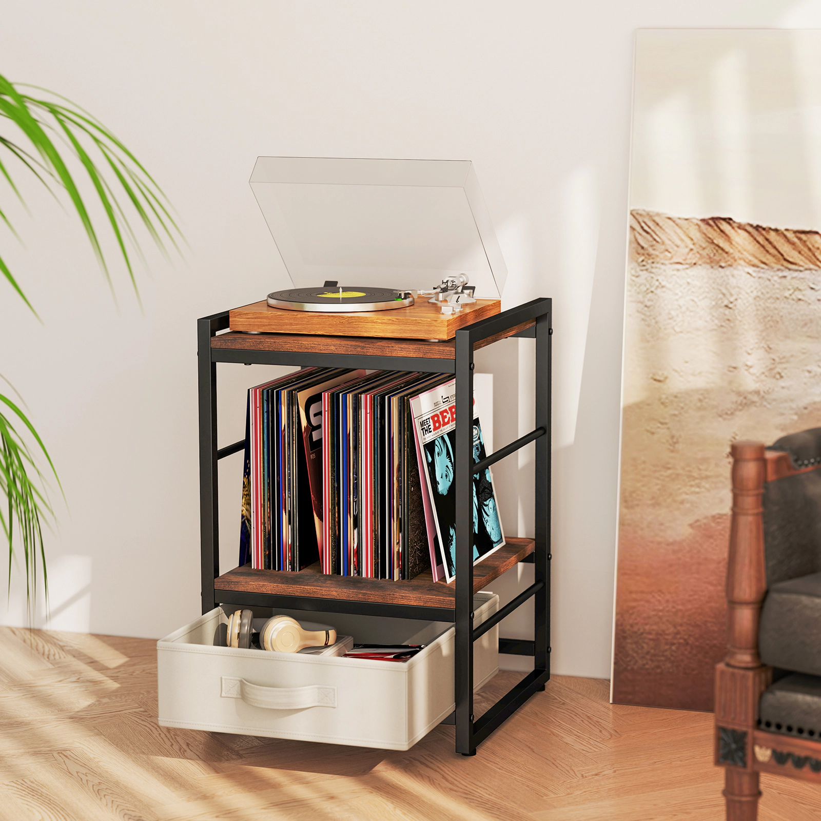 Glintex Industrial Nightstand with Removable Fabric Drawer and Anti-Falling Guardrails, Rustic Brown
